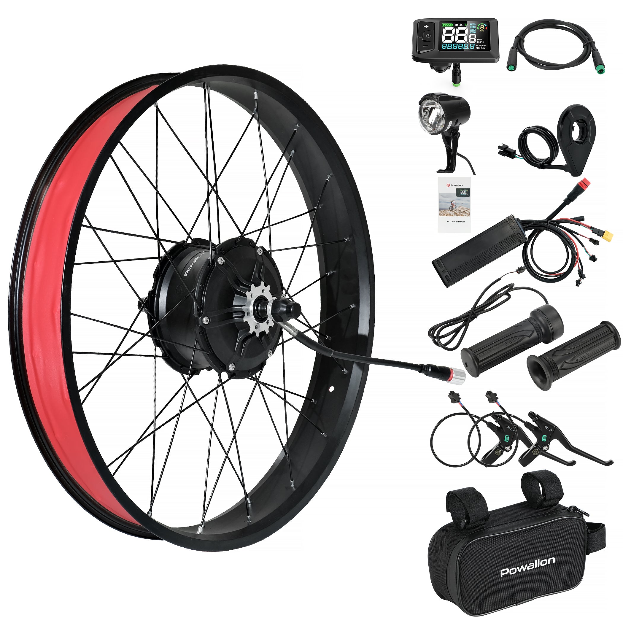 Powallon Fat Tire Ebike Rear Wheel Kit, 52V 1000W 90 N·m Torque, 20/26 Inch Wheel for 4" Tires, with PAS/Throttle & Color Display, 175/190mm Hub
