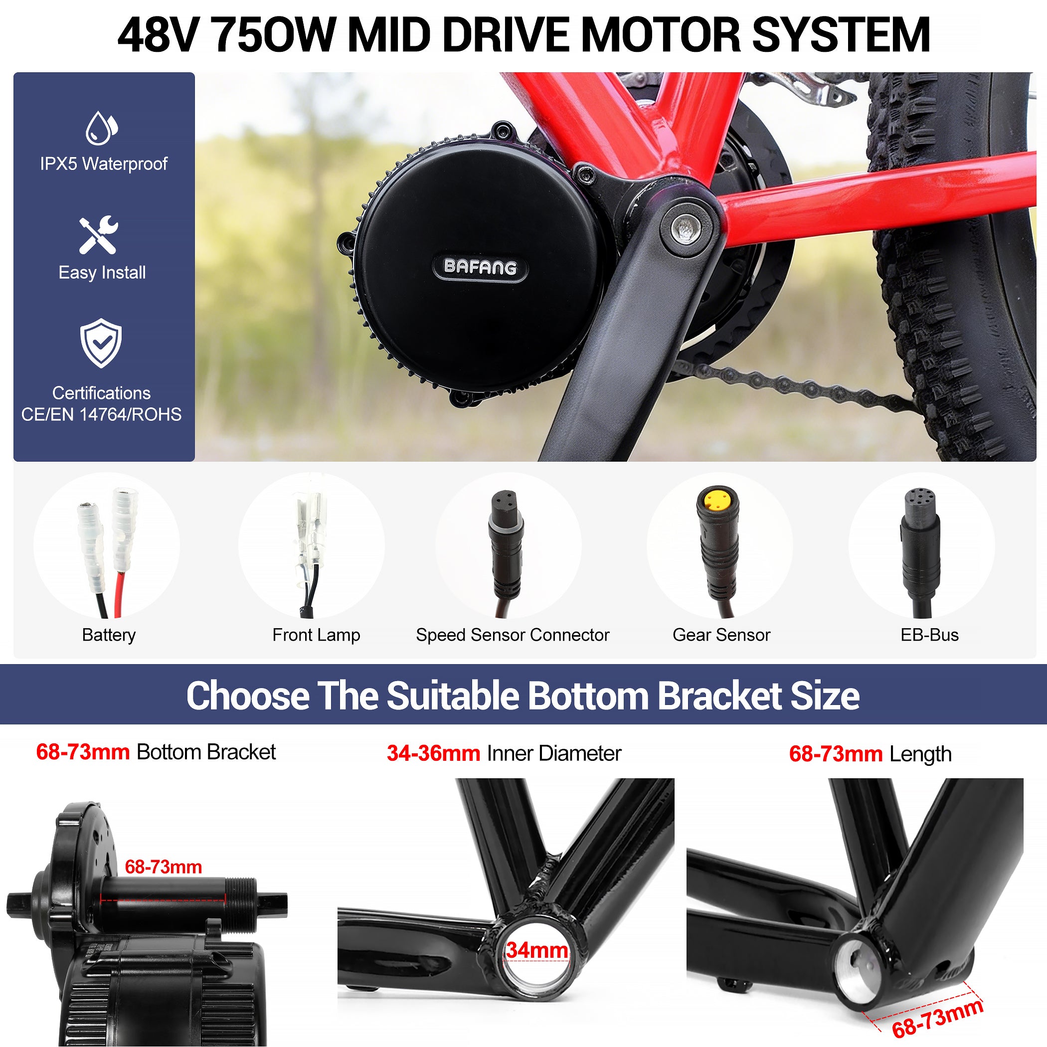 BAFANG 48V 750W Mid Motor Kit | UART Version, BBS02B Mid-drive Bottom Bracket Electric Motor Conversion Kit, 44T Chainring, DZ40 Mini Display