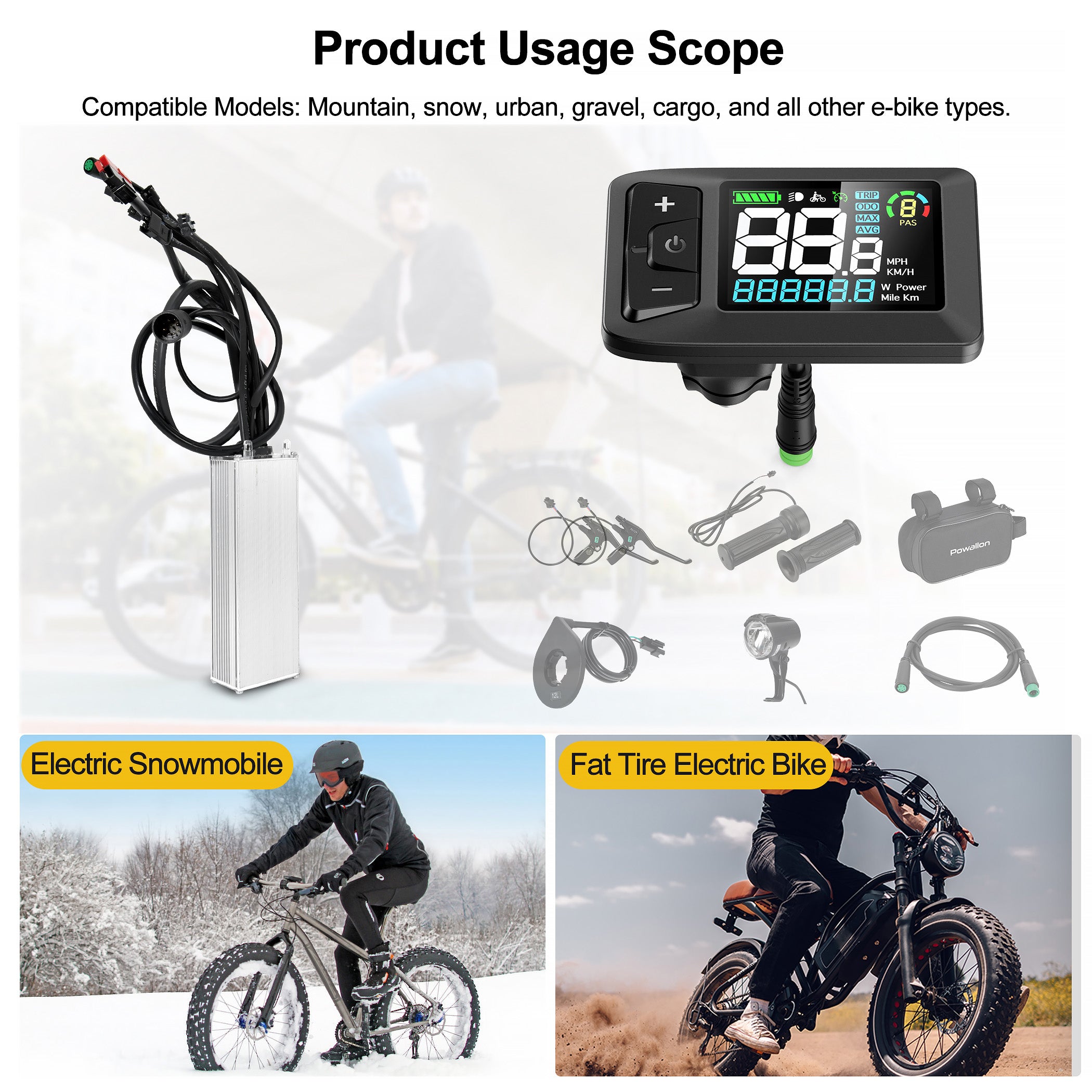 Powallon 48V 750W Controller Kit, 25A Max Current, BLDC Sine Wave Controller Paired with Color Display and Necessary Parts for E-bike Building