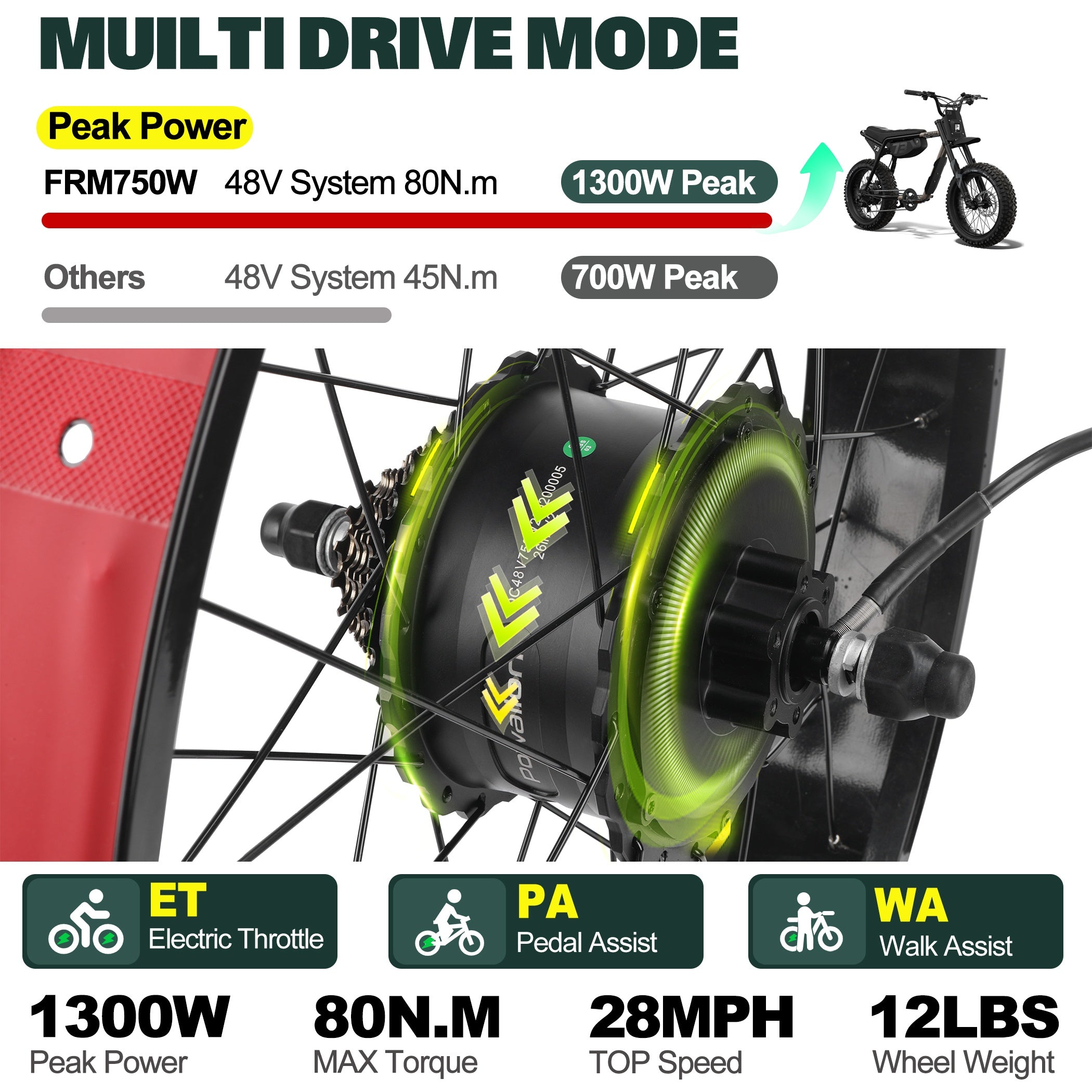 48V 750W rear hub motor with 1300W peak power for electric bike conversion, multi drive mode, Powallon ebike kit