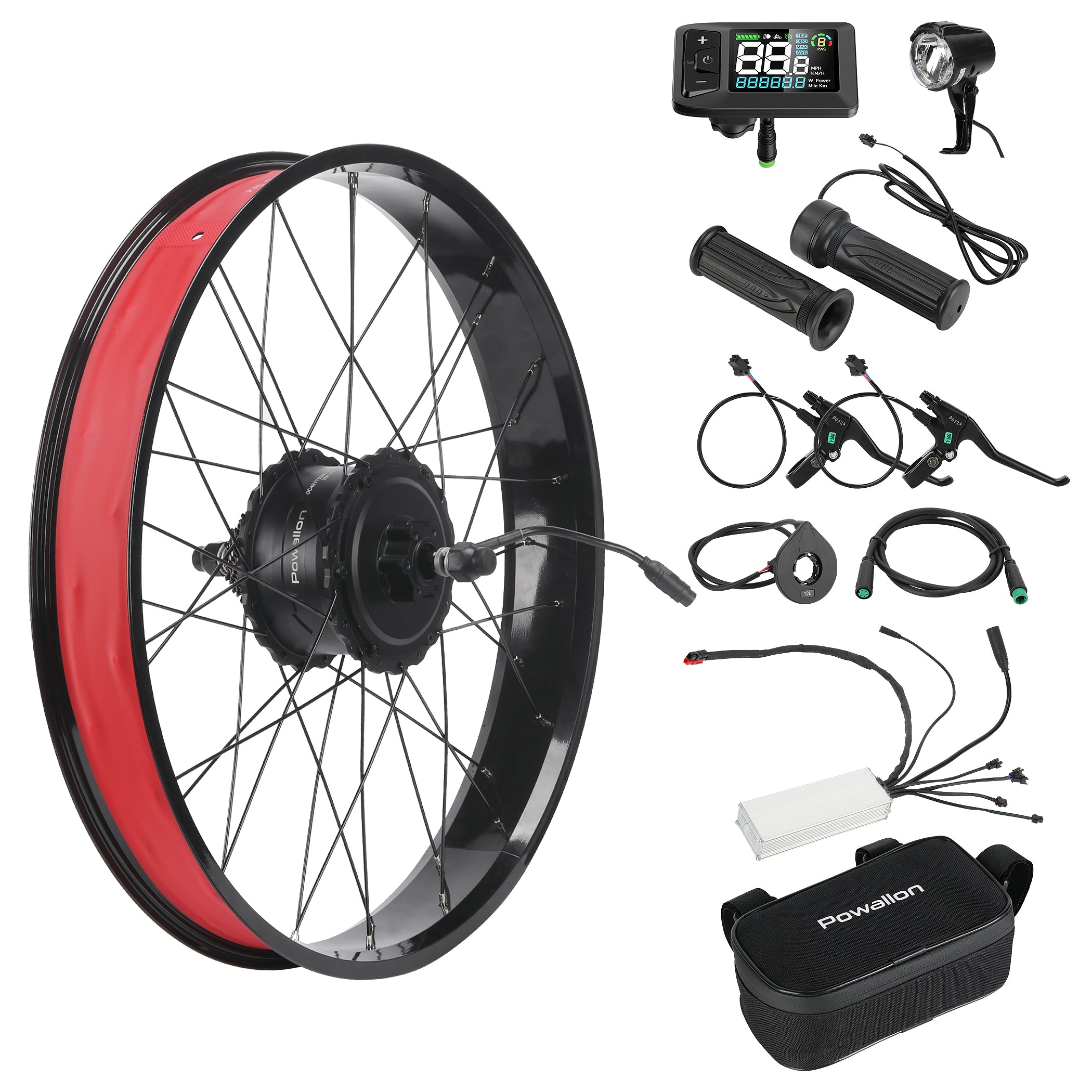 A complete Powallon 48V 750W fat tire electric bike rear hub motor kit, including the blue and red motor wheel, LCD display, controller, and accessories.