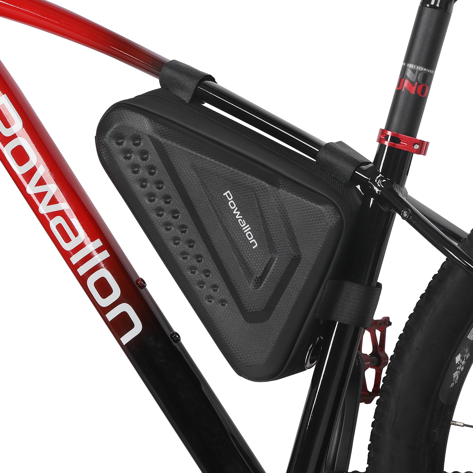 Black triangle ebike battery bag mounted on a bicycle frame.