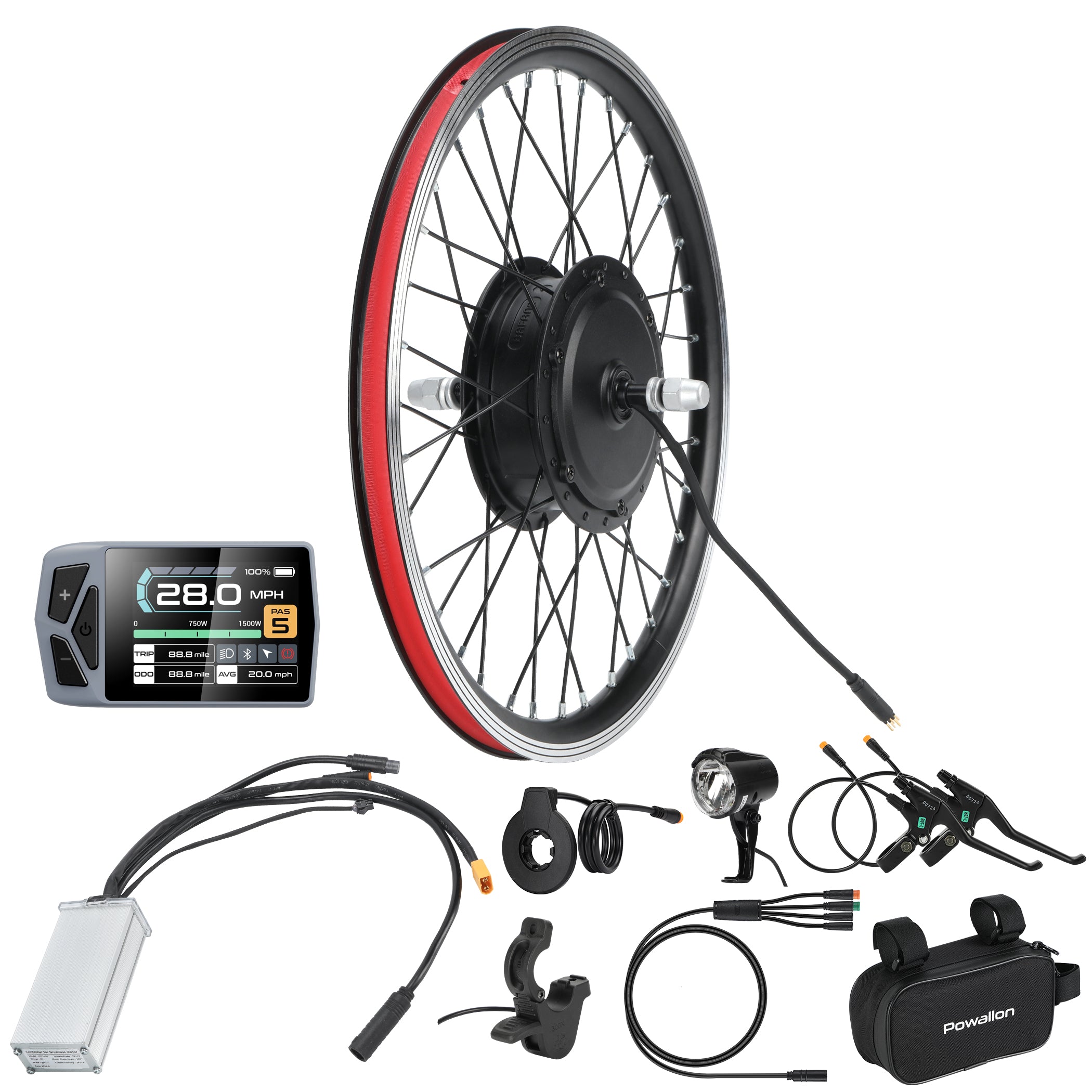 Complete BAFANG 48V 500W front wheel electric bike conversion kit with motor assembly, controller, display, throttle, brake levers, and accessories.