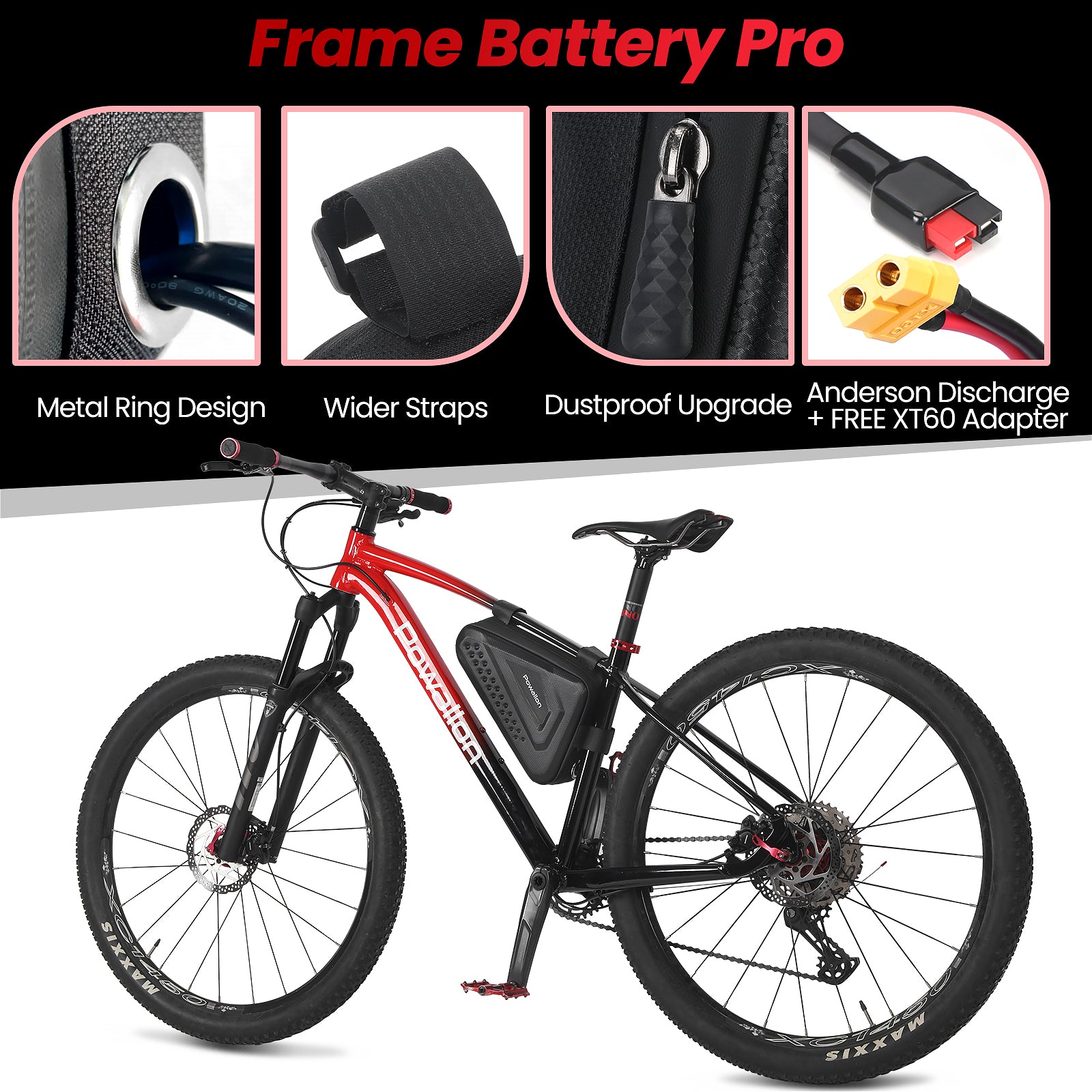 Key features of the Powallon ebike battery, including water-resistant design, sealed charging port, durable EVA material, and an Anderson discharge with a FREE XT60 adapter