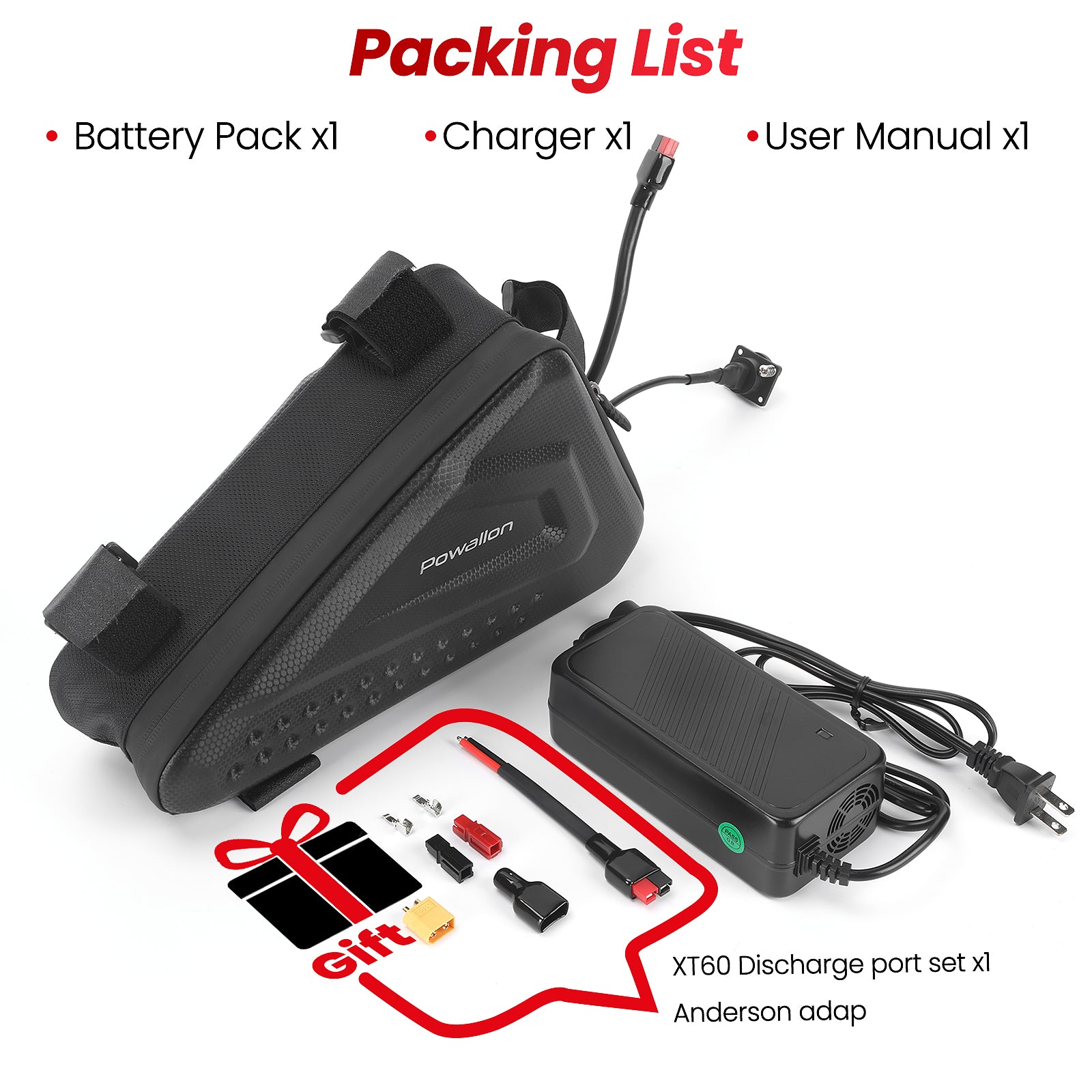 Packing list for the Powallon high capacity ebike triangle battery, showing the battery pack, charger, user manual, and a gift set of XT60 and Anderson discharge adapters