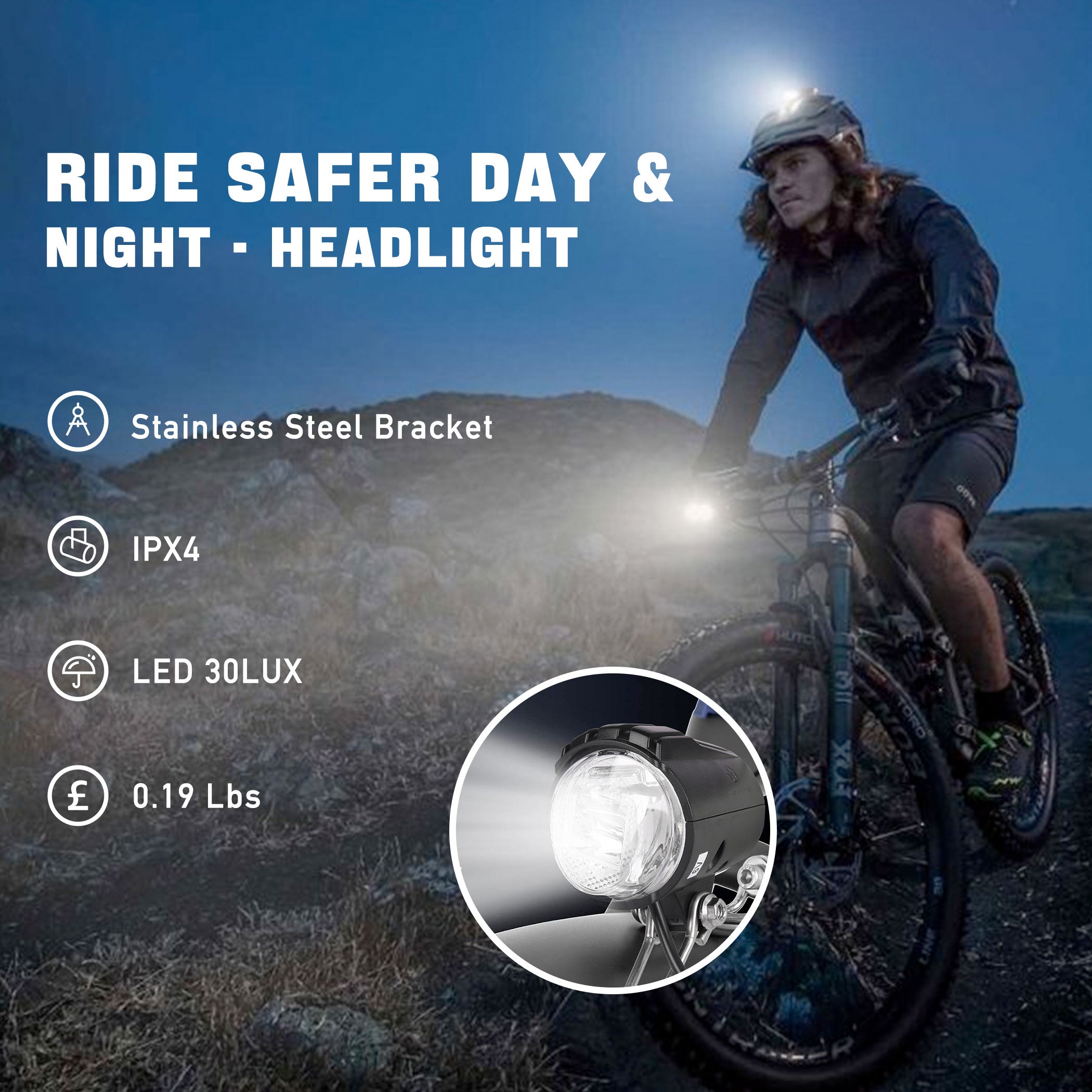 Tongsheng Front Light lets you ride safely day or night. It comes with a stainless steel mount, IPX4 waterproof rating, LED bulbs, 30 lumens, and weighs just 0.19 lbs.