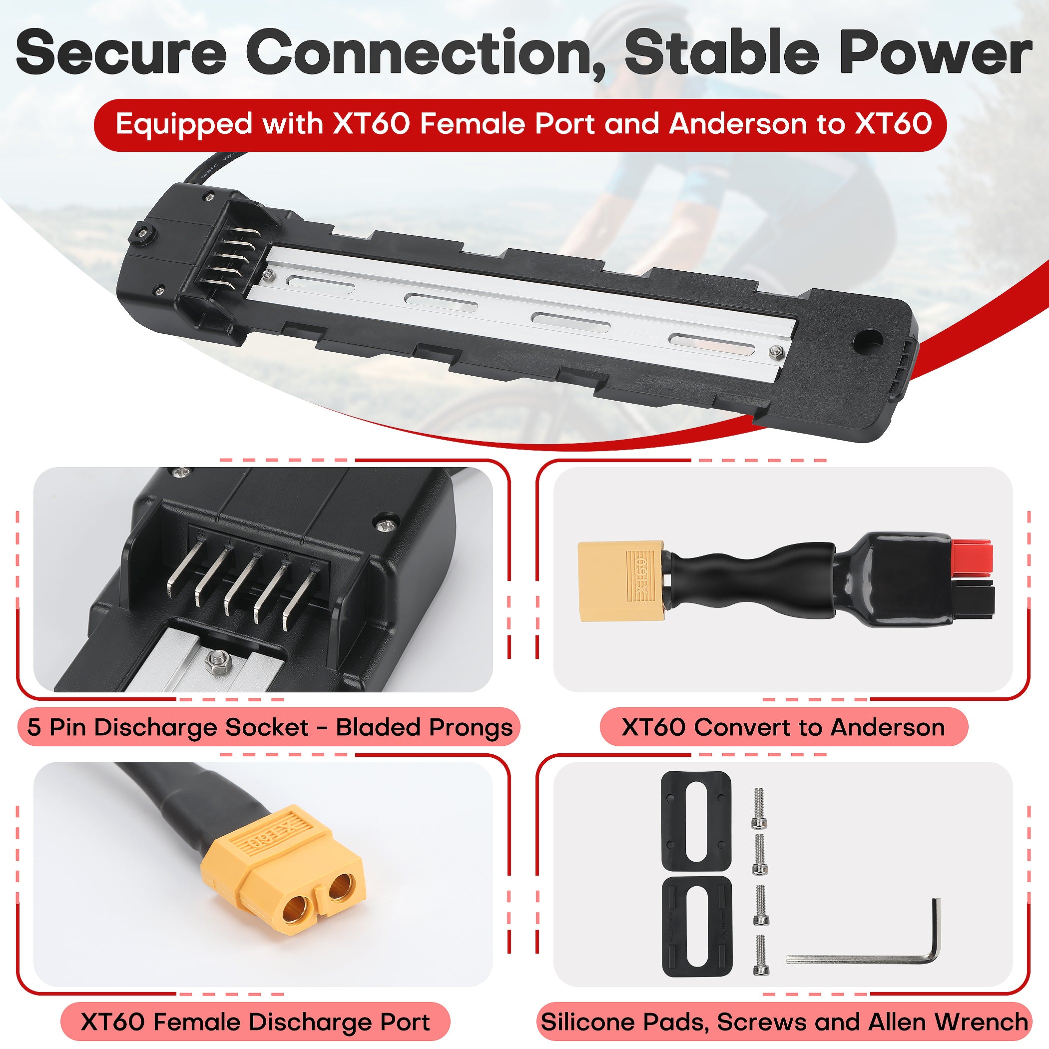 XT60 Port, Anderson Adapter, and 5-Pin Bladed Prongs for Stable Power Connection