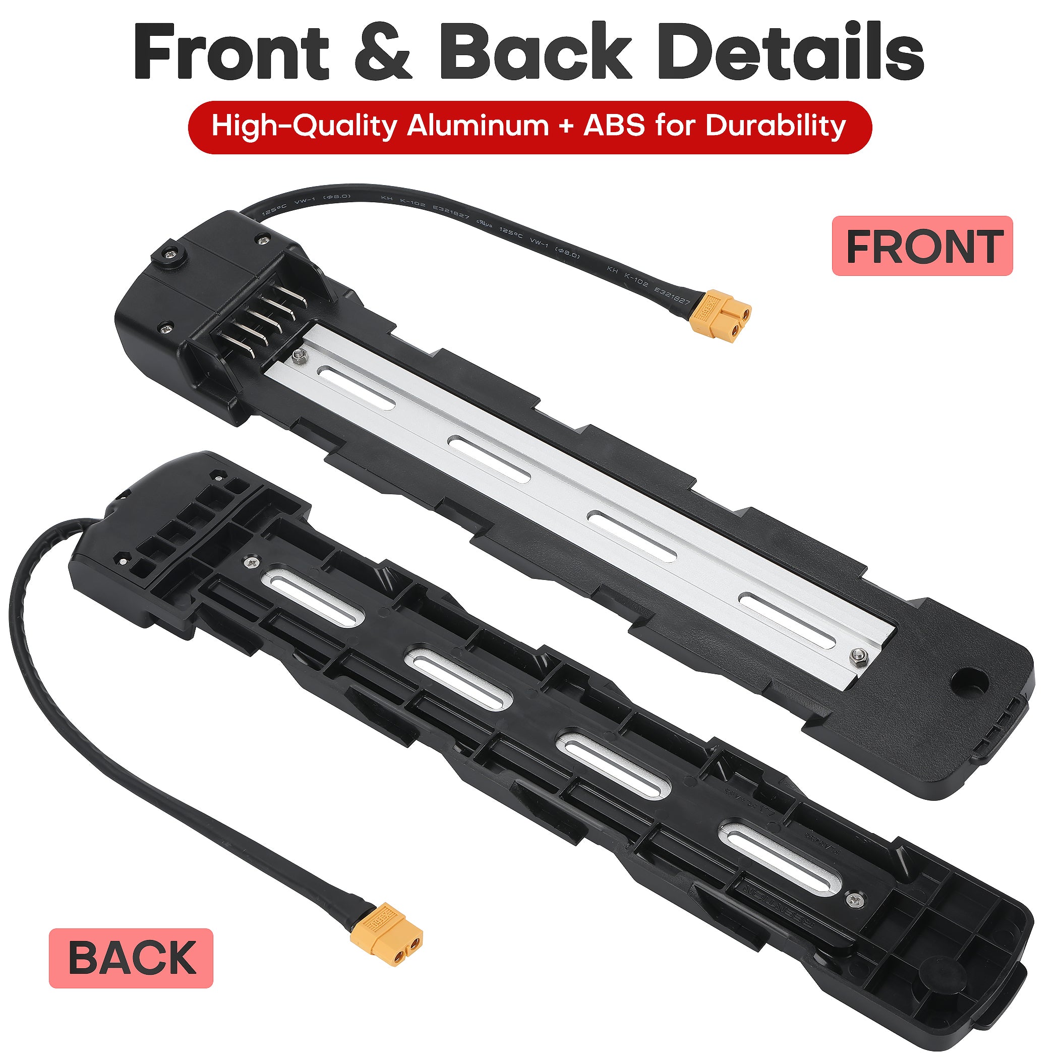 Front and Back View of Polly YINGWU Battery Base Showing XT60 Cable and Aluminum Rail