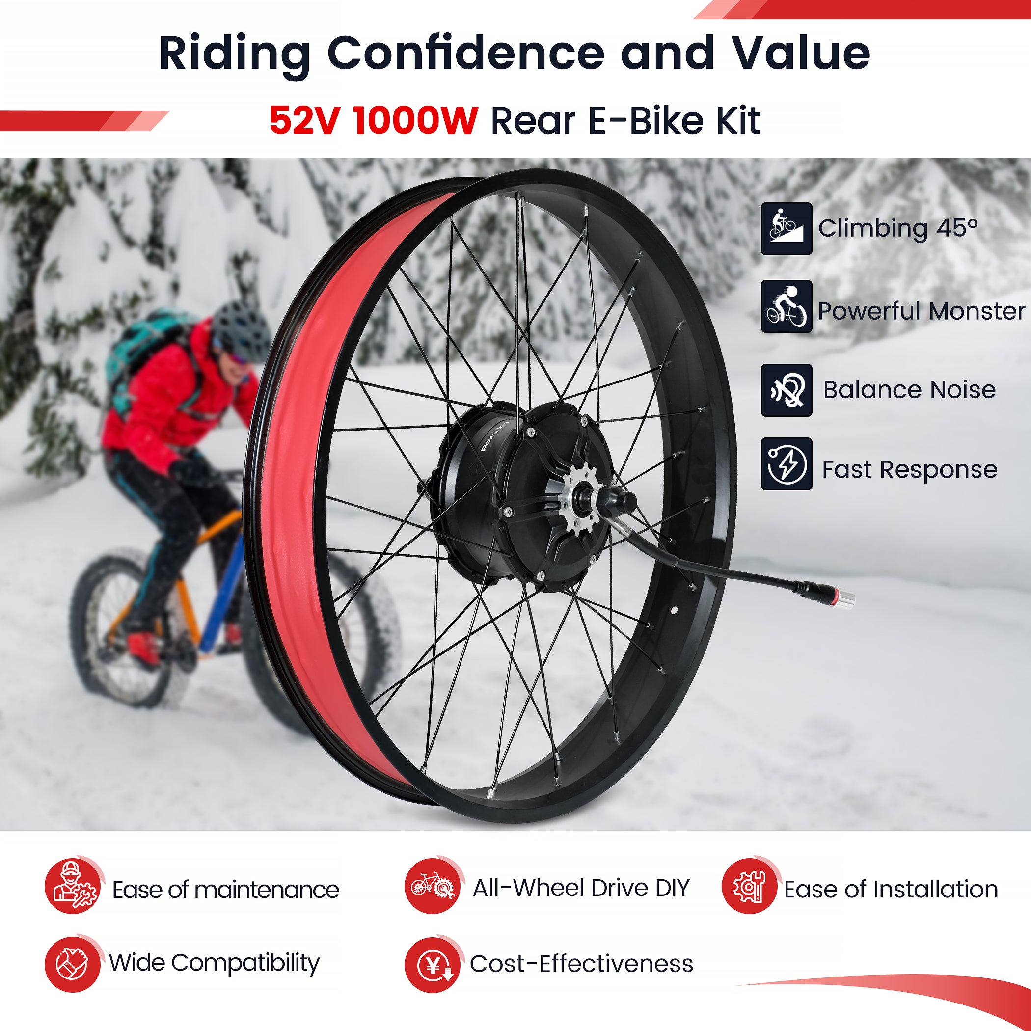 Powallon Fat Tire Ebike Rear Wheel Kit, 52V 1000W 90 N·m Torque, 20/26 Inch Wheel for 4" Tires, with PAS/Throttle & Color Display, 175/190mm Hub