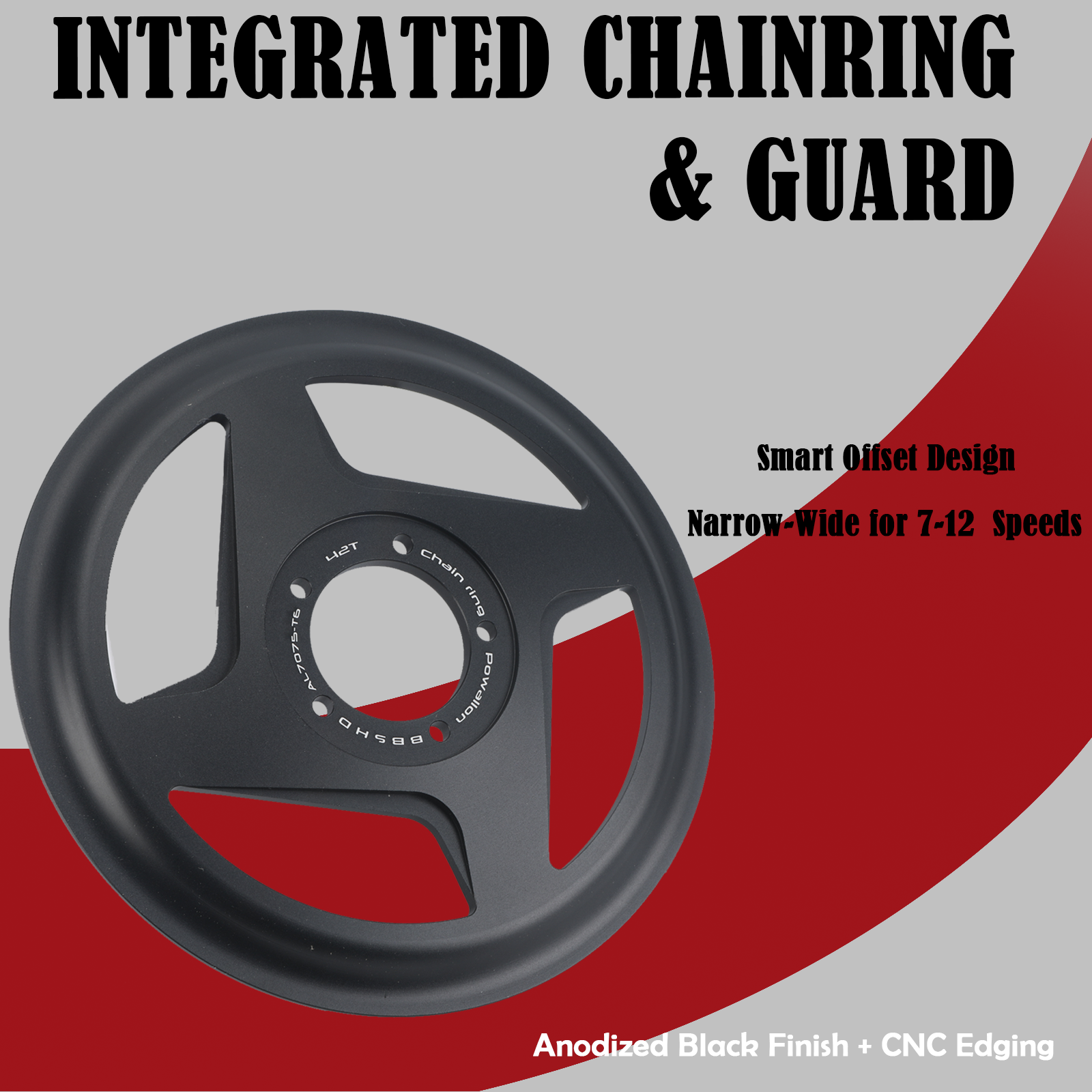 Bafang Offset Integrated Chainring with Guard for BBS01B, BBS02B, BBSHD Mid-Drive Motors - 36T 42T Options - Powallon