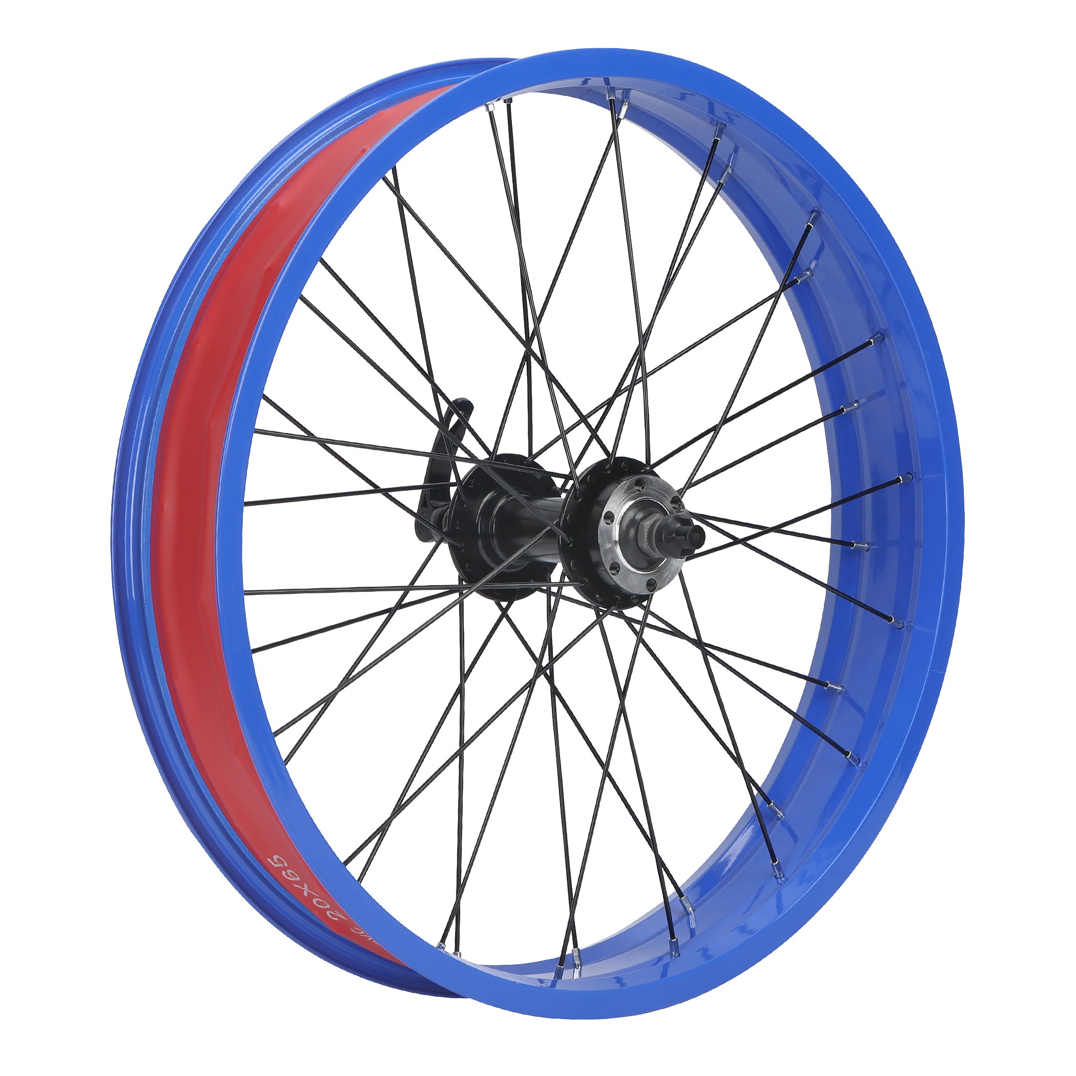 A 20-inch 4.0" fat tire front wheel in blue, equipped with a quick-release skewer for easy installation.