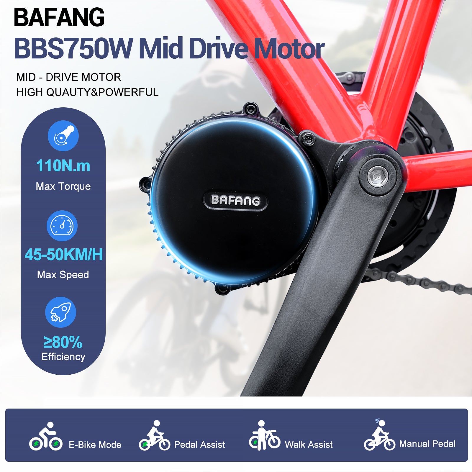 BAFANG 48V 750W Mid Motor Kit | UART Version, BBS02B Mid-drive Bottom Bracket Electric Motor Conversion Kit, 44T Chainring, DZ40 Mini Display