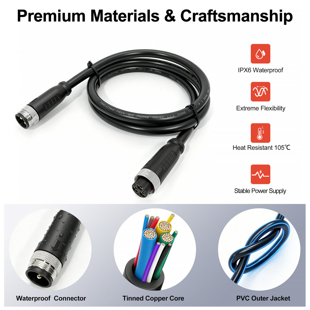 Ebike Hub Motor Cable Extension, L1119 Waterproof Cable for Electric Bicycle Motor