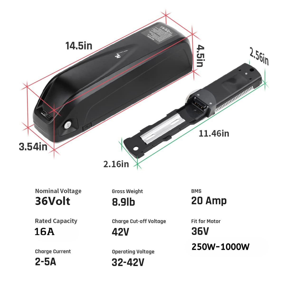 Hailong Style E-bike Battery 36V 15.6Ah, BMS 20A, Charger Included