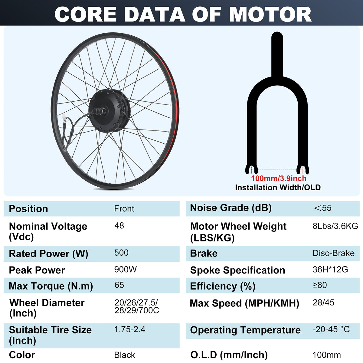 Core specifications of the 48v 500w front wheel electric bike kit motor ...