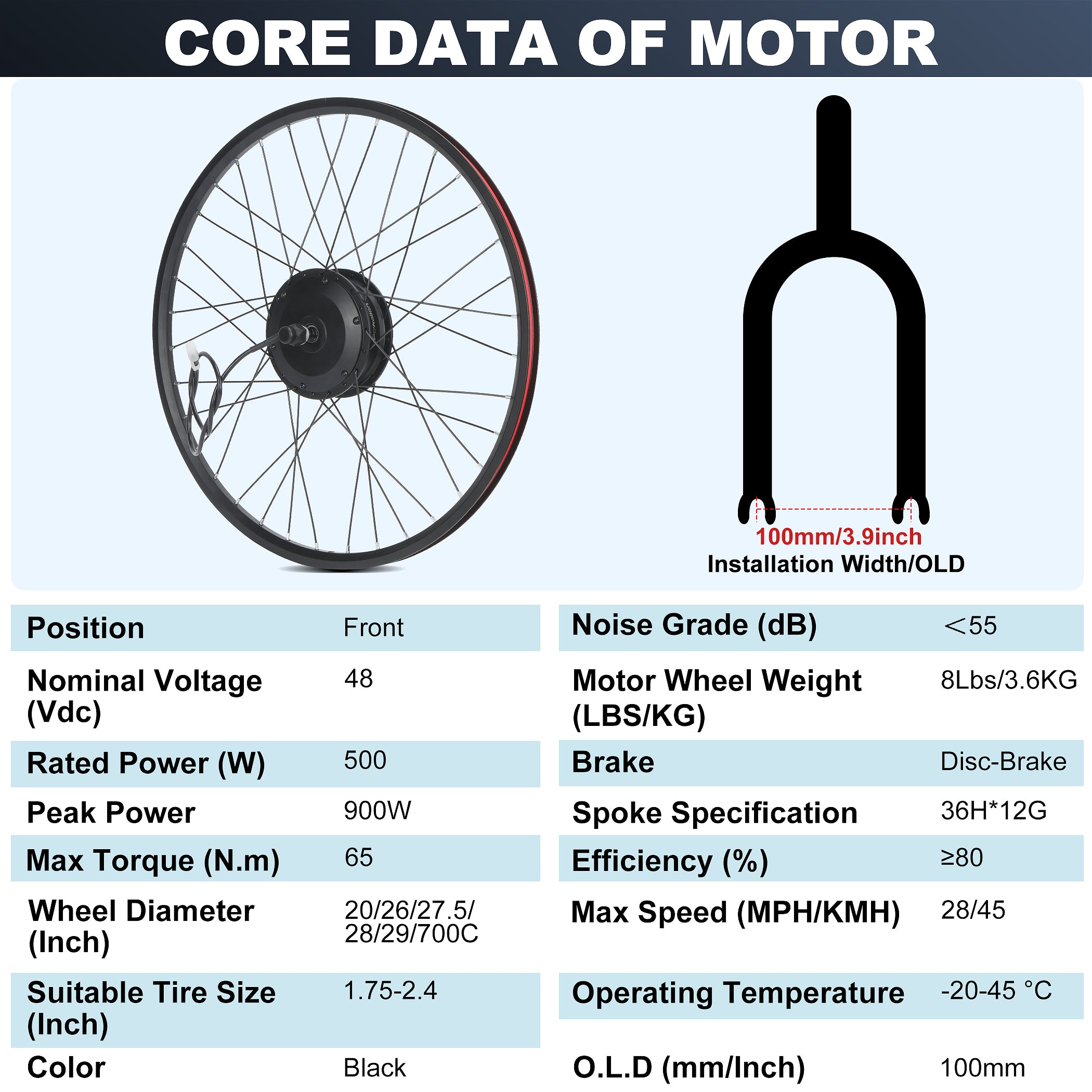 Core specifications of the 48v 500w front wheel electric bike kit motor, detailing rated power, peak torque, and top speed