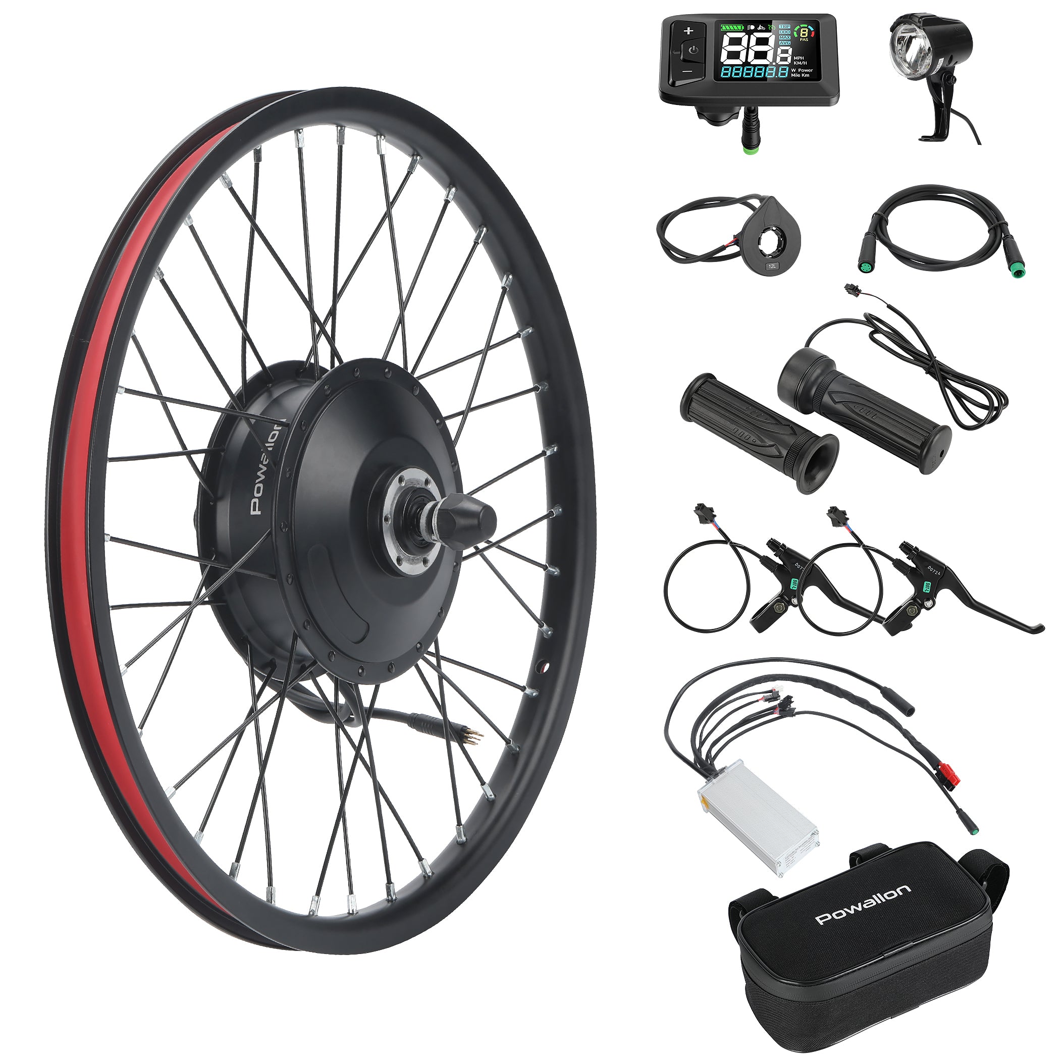 A complete 48v 500w front wheel ebike kit showing all the components: motorized wheel, controller, display, throttle, and brake levers