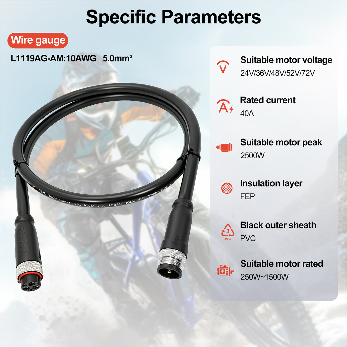 Ebike Hub Motor Cable Extension, L1119 Waterproof Cable for Electric Bicycle Motor