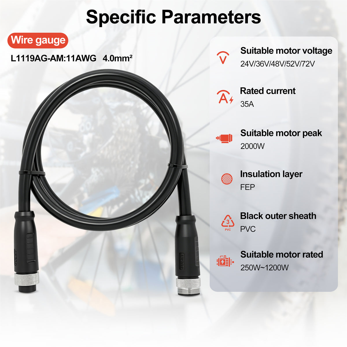 Ebike Hub Motor Cable Extension, L1119 Waterproof Cable for Electric Bicycle Motor