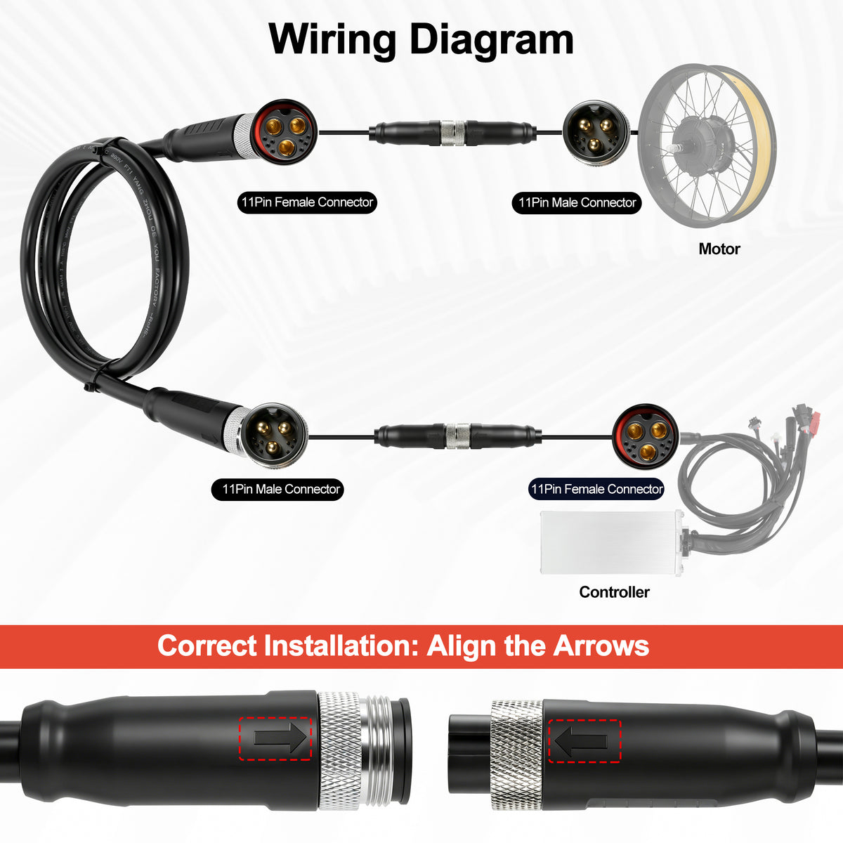 Ebike Hub Motor Cable Extension, L1119 Waterproof Cable for Electric Bicycle Motor