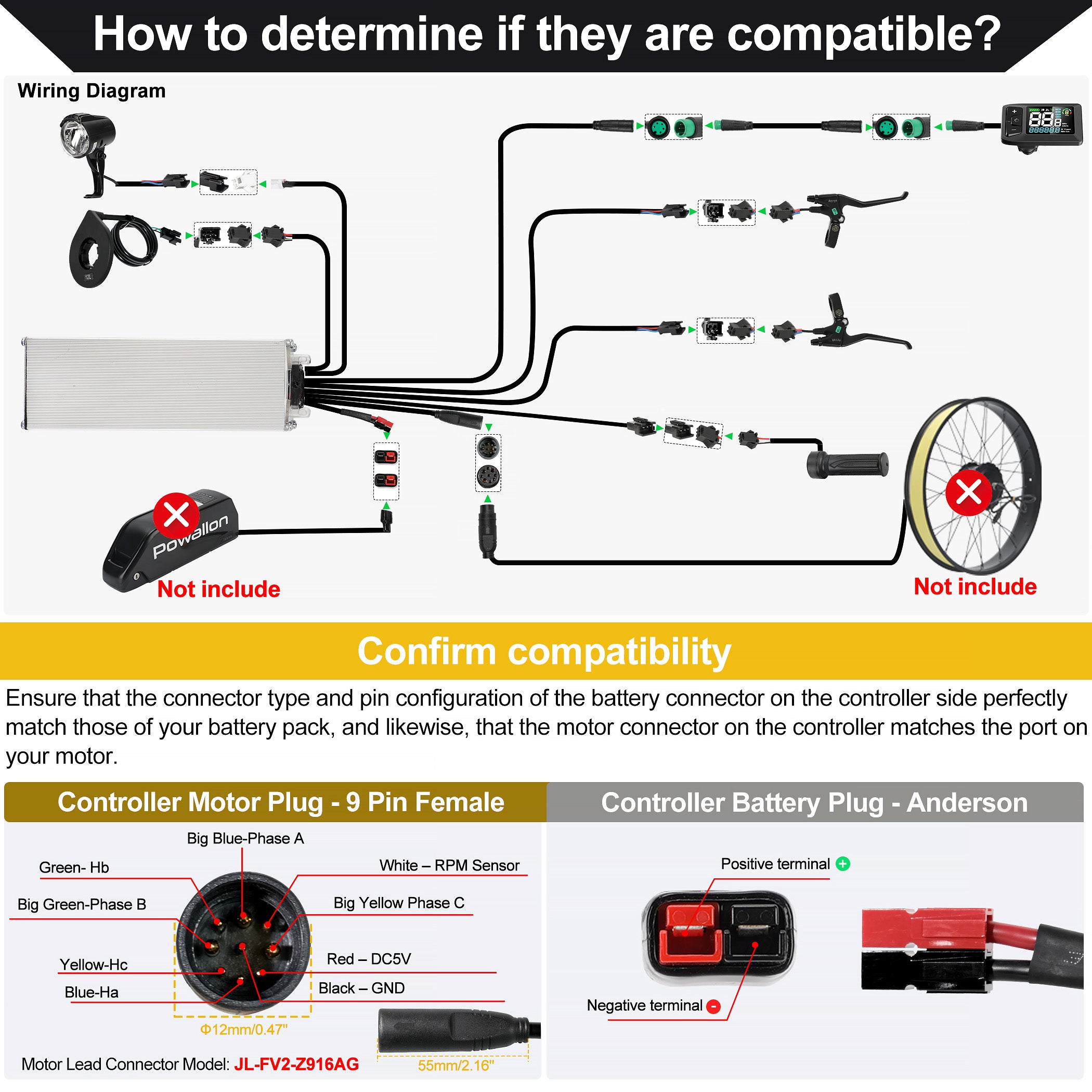Powallon 48V 750W Controller Kit, 25A Max Current, BLDC Sine Wave Controller Paired with Color Display and Necessary Parts for E-bike Building