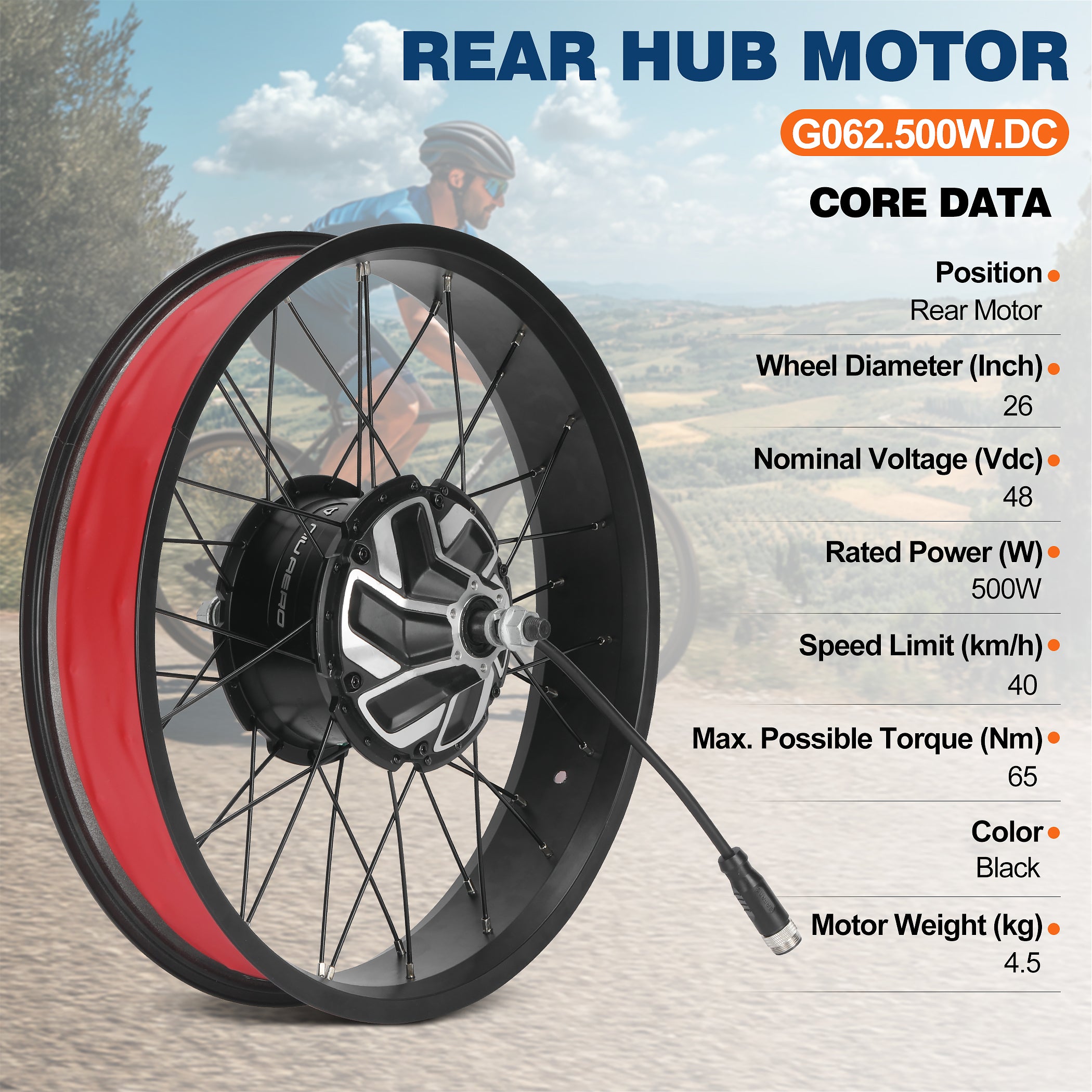 BAFANG G062 500W rear hub motor core specifications for fat tire ebike: 48V, 26-inch wheel, 65Nm max torque, 500W rated power, 40km/h speed limit, 4.5kg motor weight, UL certified.