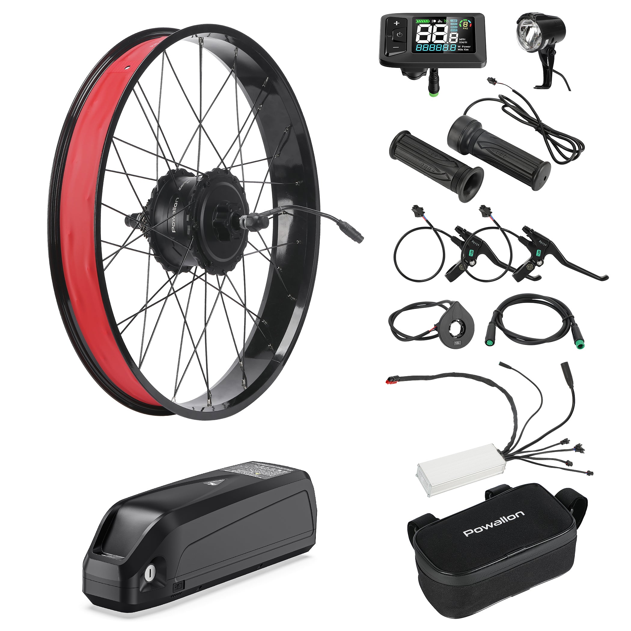 A complete Powallon 48V 750W fat tire electric bike rear hub motor kit with battery, including the rear hub motor wheel, LCD display, controller, and accessories.
