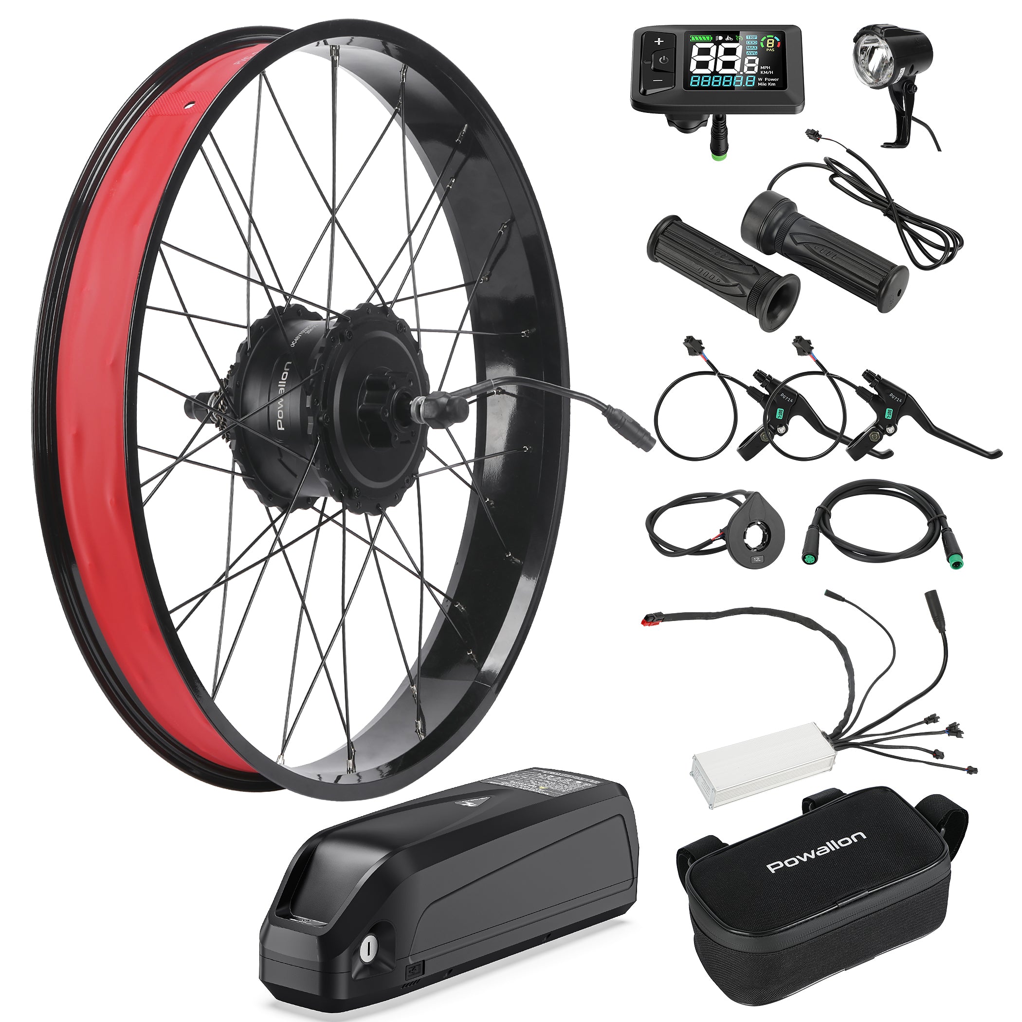 A complete Powallon 48V 750W 26 inch fat tire electric bike rear hub motor kit with battery, including the rear hub motor wheel, LCD display, controller, and accessories.