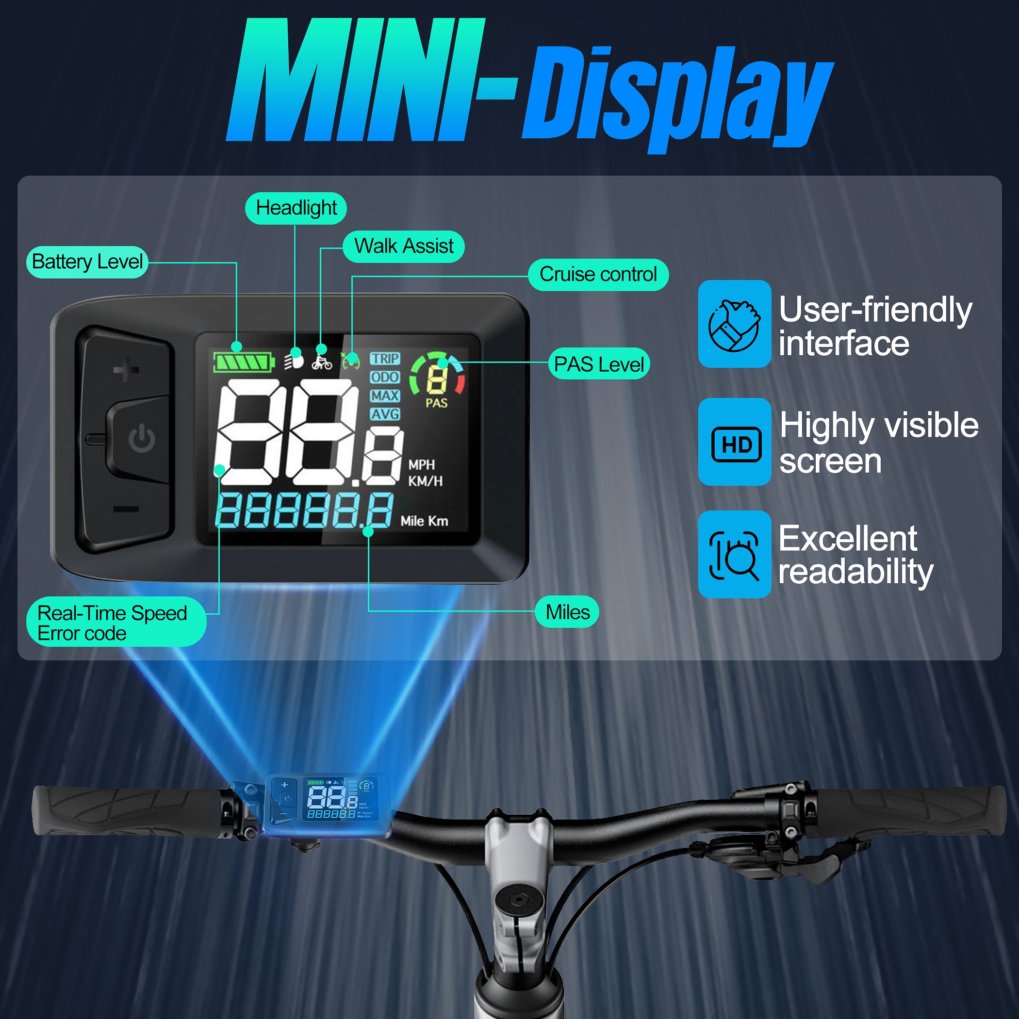 Powallon 48V 1000W Rear Wheel Hub Motor Kit K01 Model EBIKE Display Features