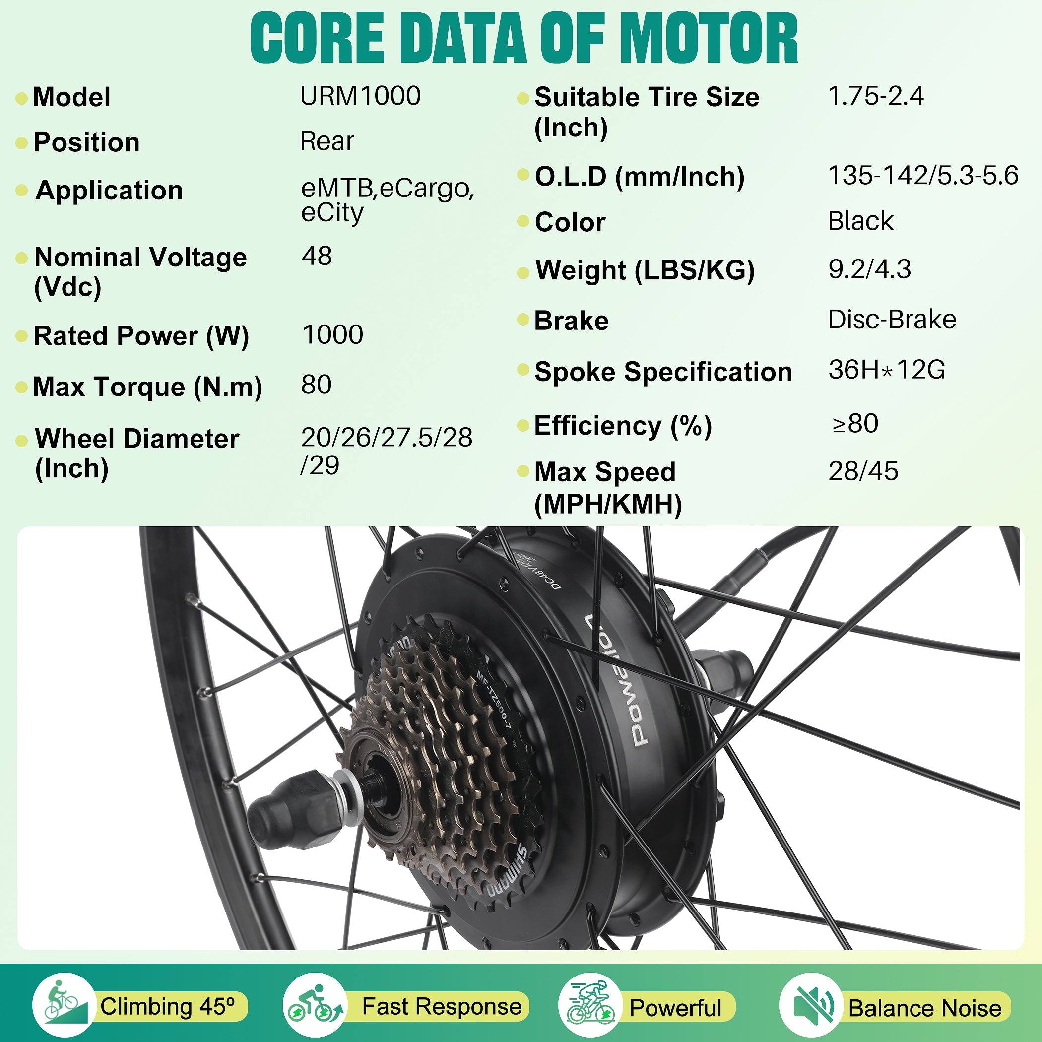 Powallon 48V 1000W rear wheel hub motor parameters: this motor can climb slopes, has a fast response, high power, and noise control.