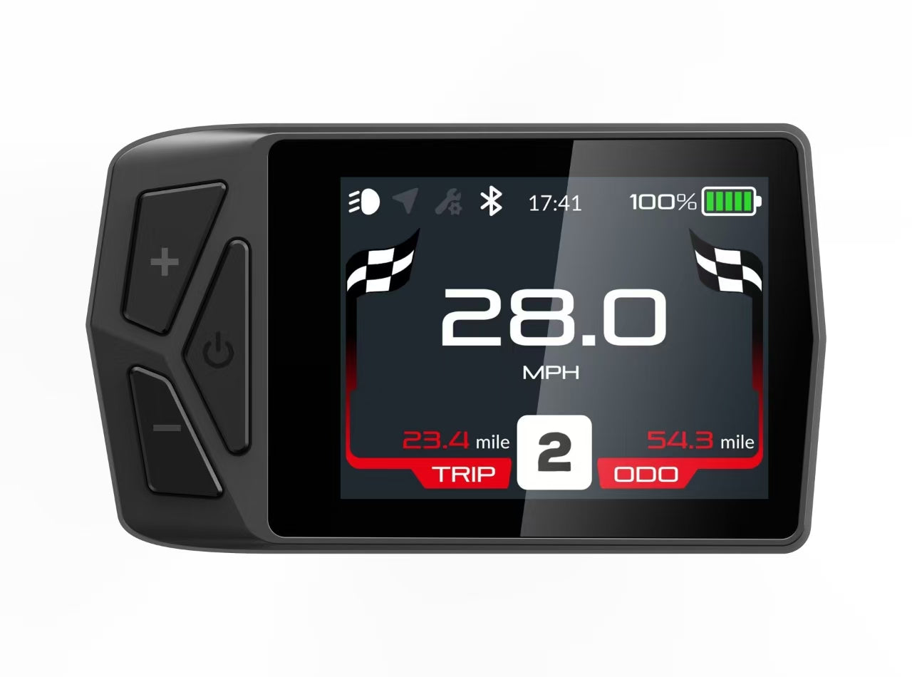 Powallon B02 EKD01 display for Tongsheng TSDZ8, TSDZ2, and TSDZ2B mid-drive motors. Features 2.4” IPS screen, Bluetooth APP, GPS navigation, USB charging, PAS 0–9 levels, one-key speed limit, and IP67 waterproof protection.