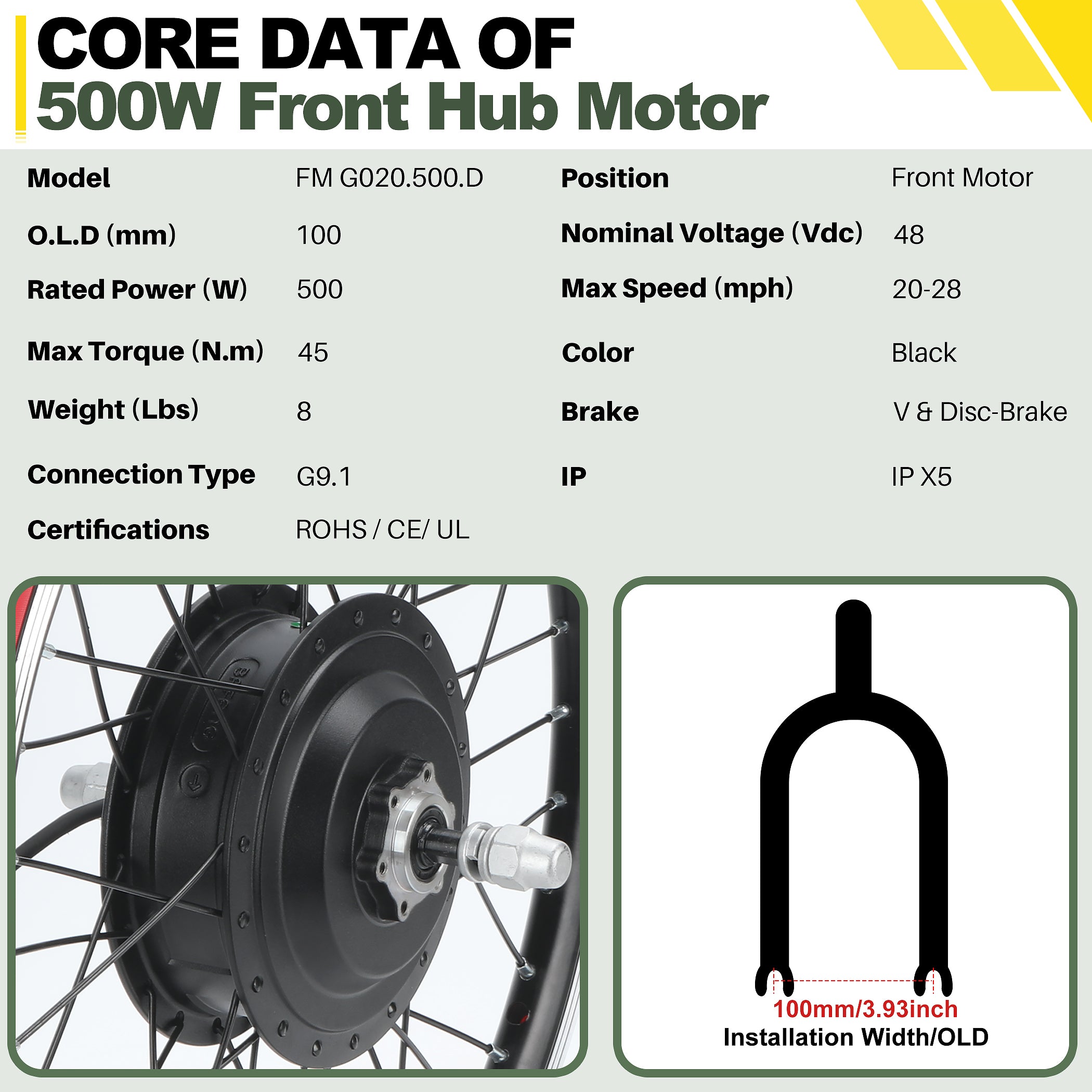 Technical specifications of BAFANG 48V 500W front hub motor assembly with 45Nm torque, IPX5 waterproof rating, and support for V and disc brakes.