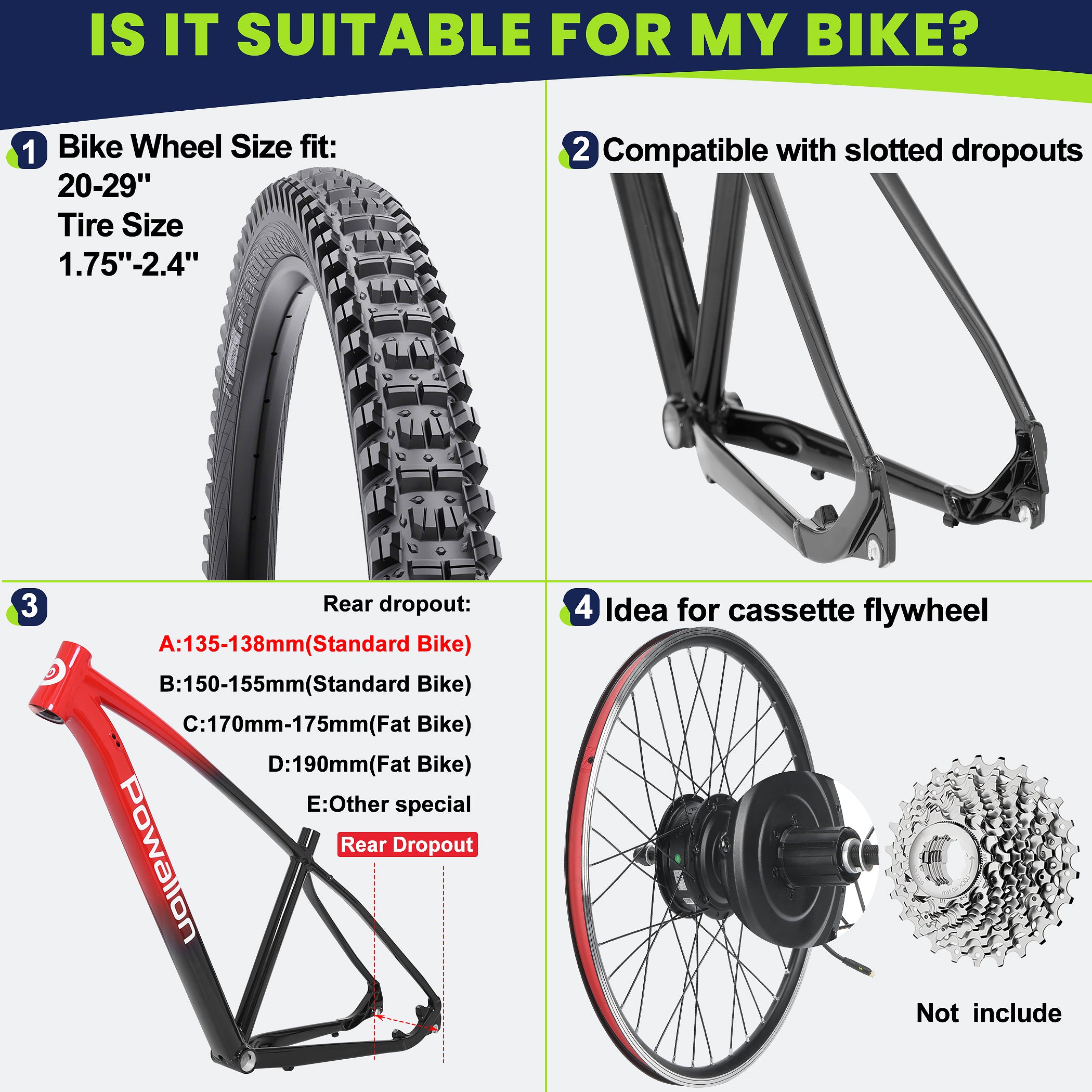 BAFANG 48V 500W rear conversion kit compatible with 20–29 inch wheels, 135–138mm rear dropout, cassette freewheel, disc brakes, and V-brakes.