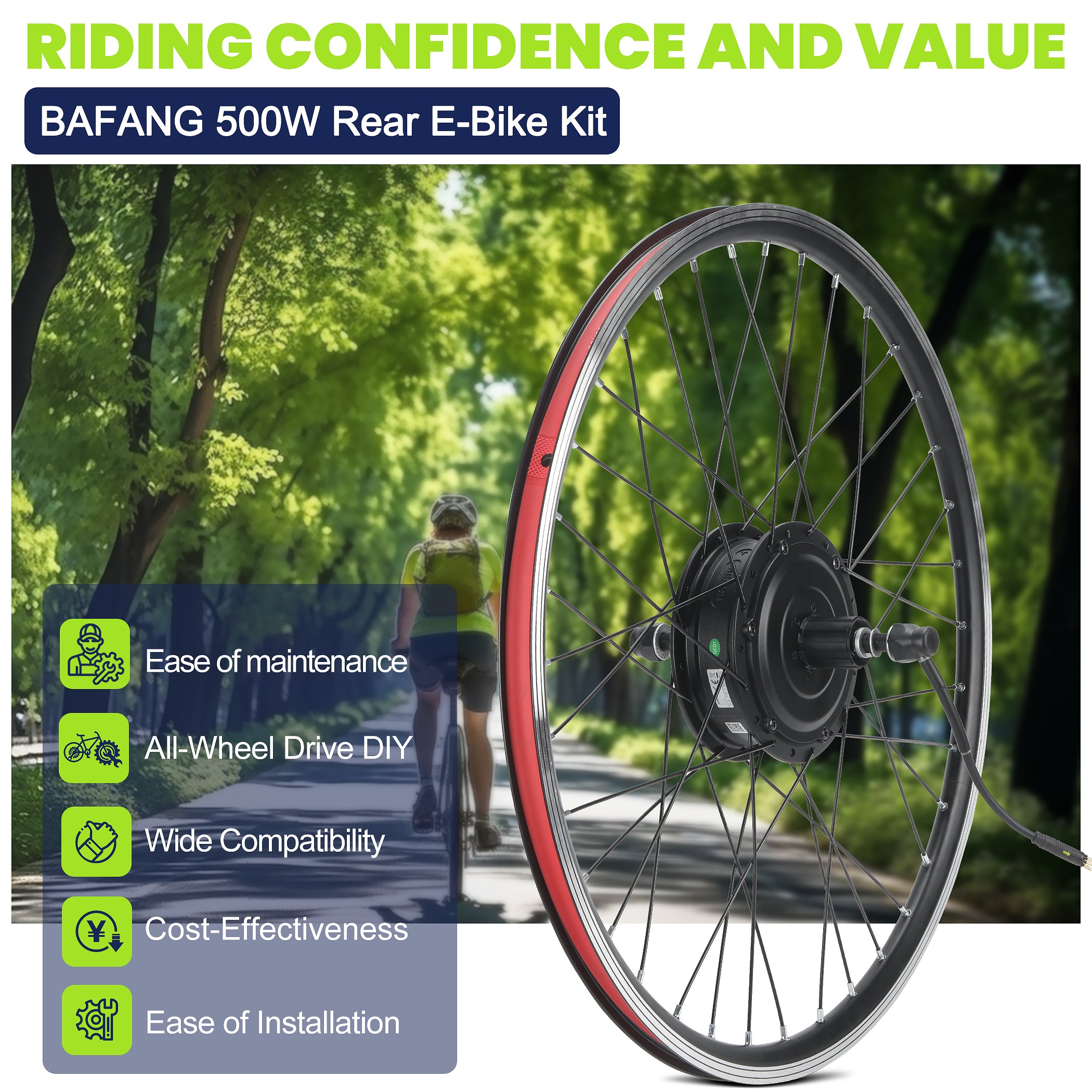 Cyclists using BAFANG 48V 500W rear motor electric bike kit, designed for commuting, long rides, trails, and versatile riding conditions.