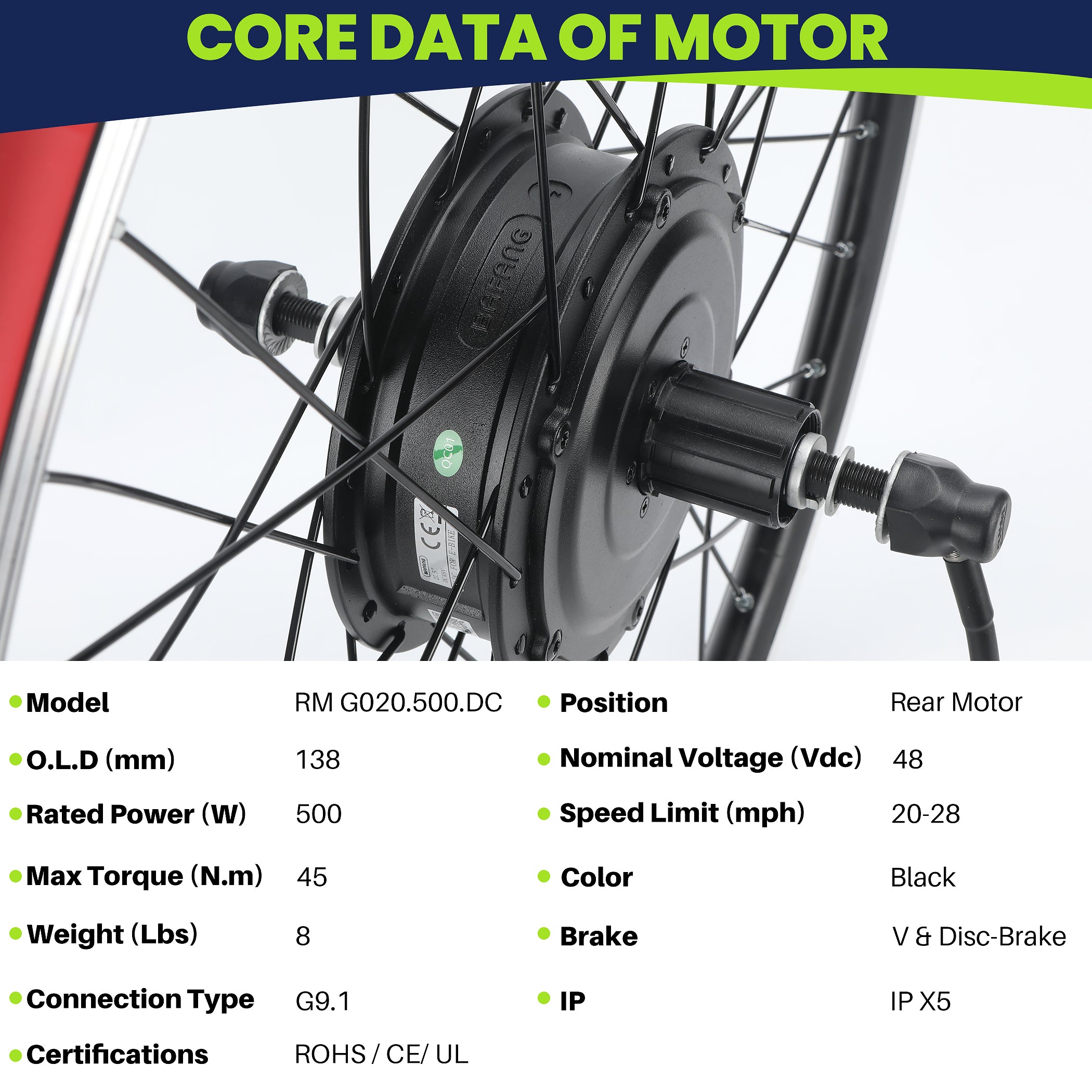 Technical specifications of BAFANG 48V 500W rear motor assembly with 138mm dropout, cassette freewheel compatibility, 45Nm torque, and disc & V-brake support.