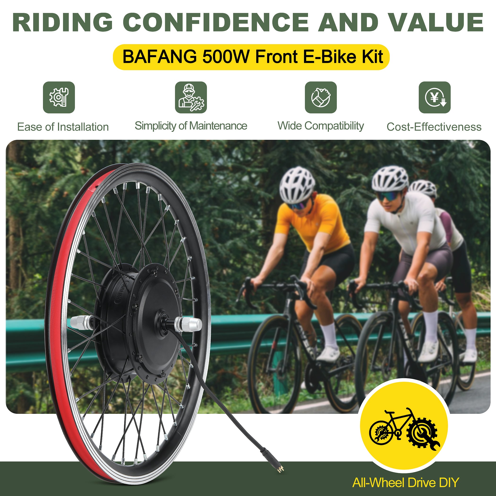 Cyclists riding with BAFANG 48V 500W front motor electric bike conversion kit, showcasing easy installation, wide compatibility, and cost-effectiveness.