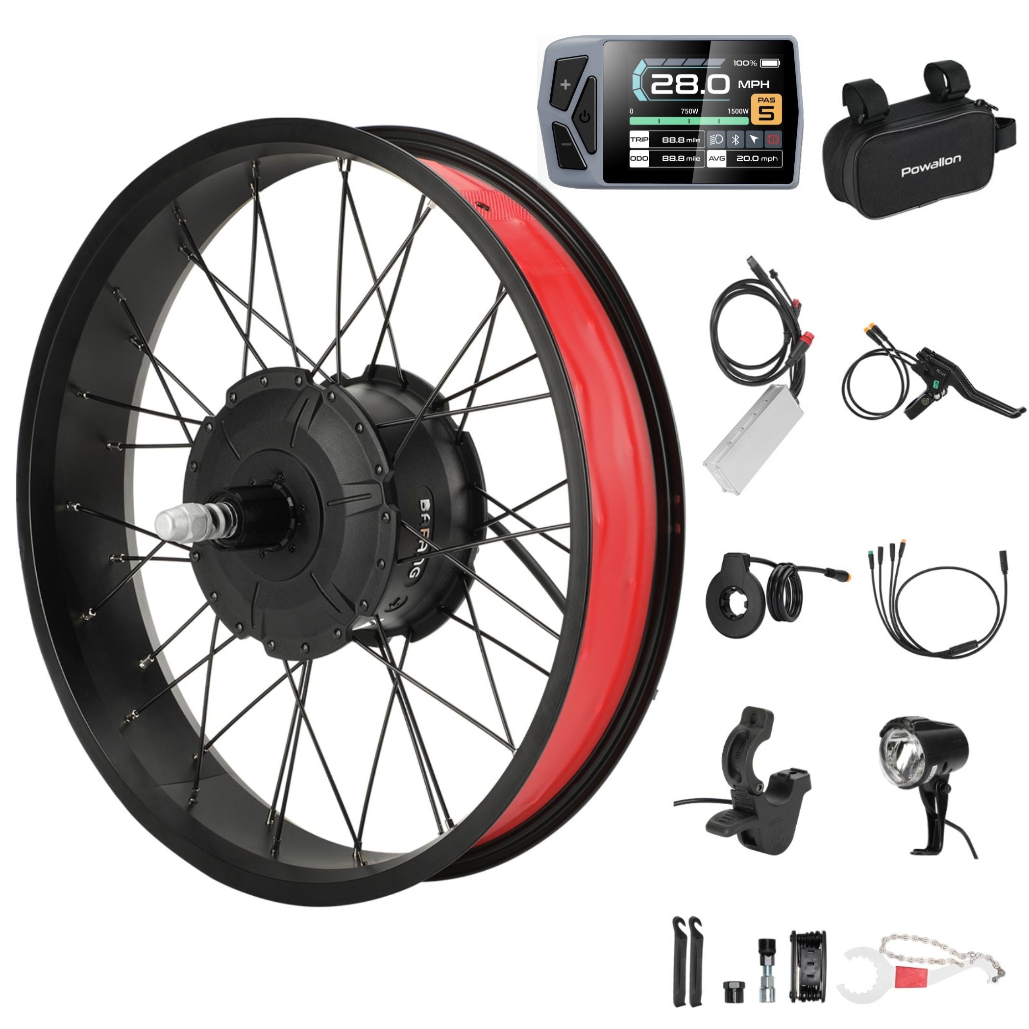 BAFANG G062 750W fat tire electric bike conversion kit with 26 inch rear hub motor wheel, EKD01 display, controller, brake lever, PAS sensor, thumb throttle, headlight and mounting tools