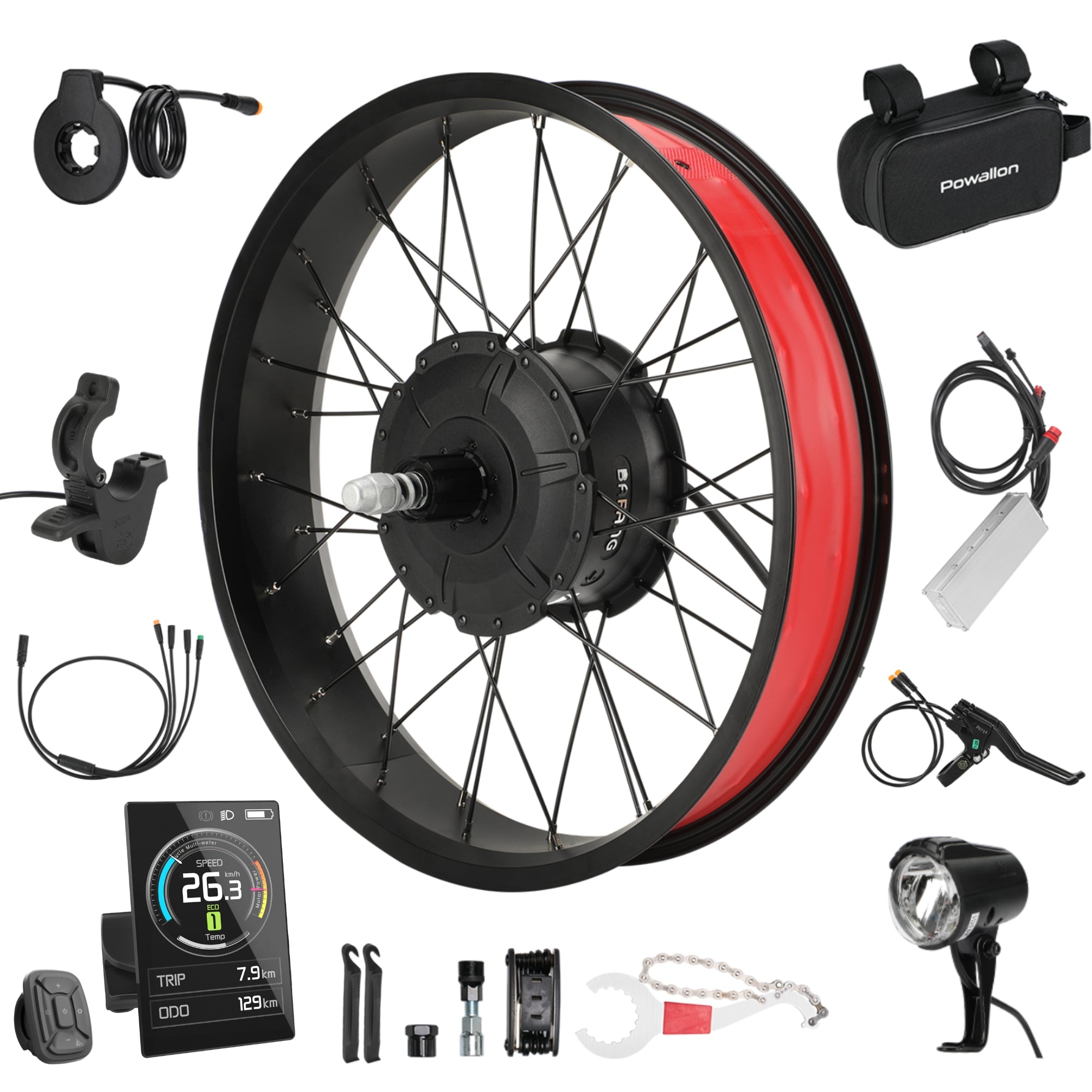 BAFANG G062 750W fat tire electric bike conversion kit with 26 inch rear hub motor wheel, K5351 display, controller, brake lever, PAS sensor, thumb throttle, headlight and mounting tools