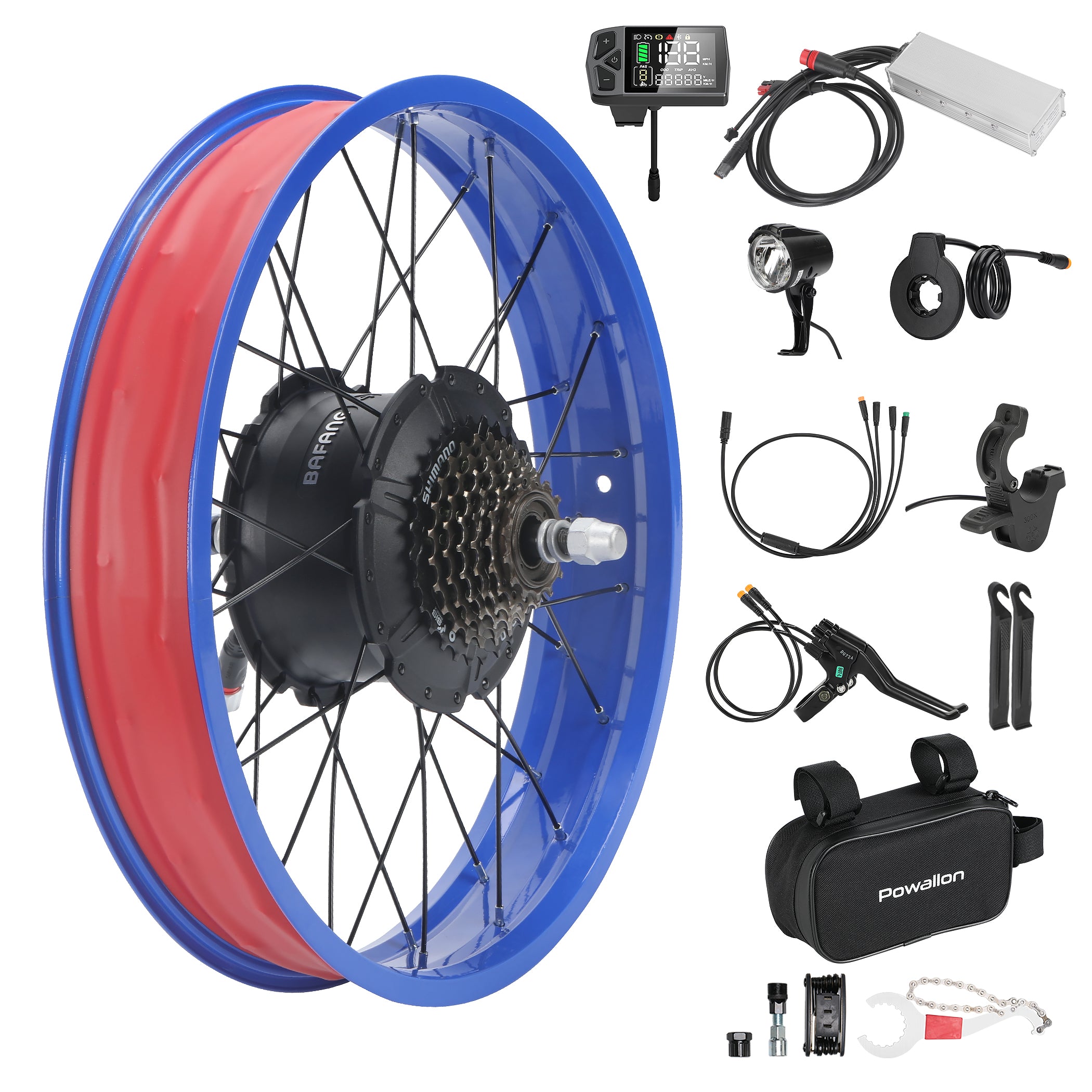 Complete BAFANG G062 750W fat tire ebike conversion kit with blue rim, including motor wheel, LCD display, controller, headlight, throttle, brake levers, and accessories for a full setup.