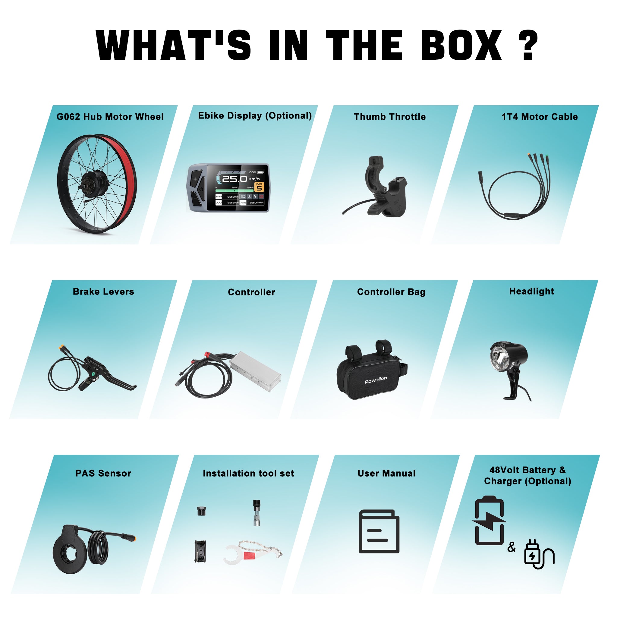 Complete BAFANG G062 750W fat tire electric bike conversion kit including motor wheel, display, controller, throttle, brake levers, pedal assist sensor, wiring harness, headlight, and tool set.