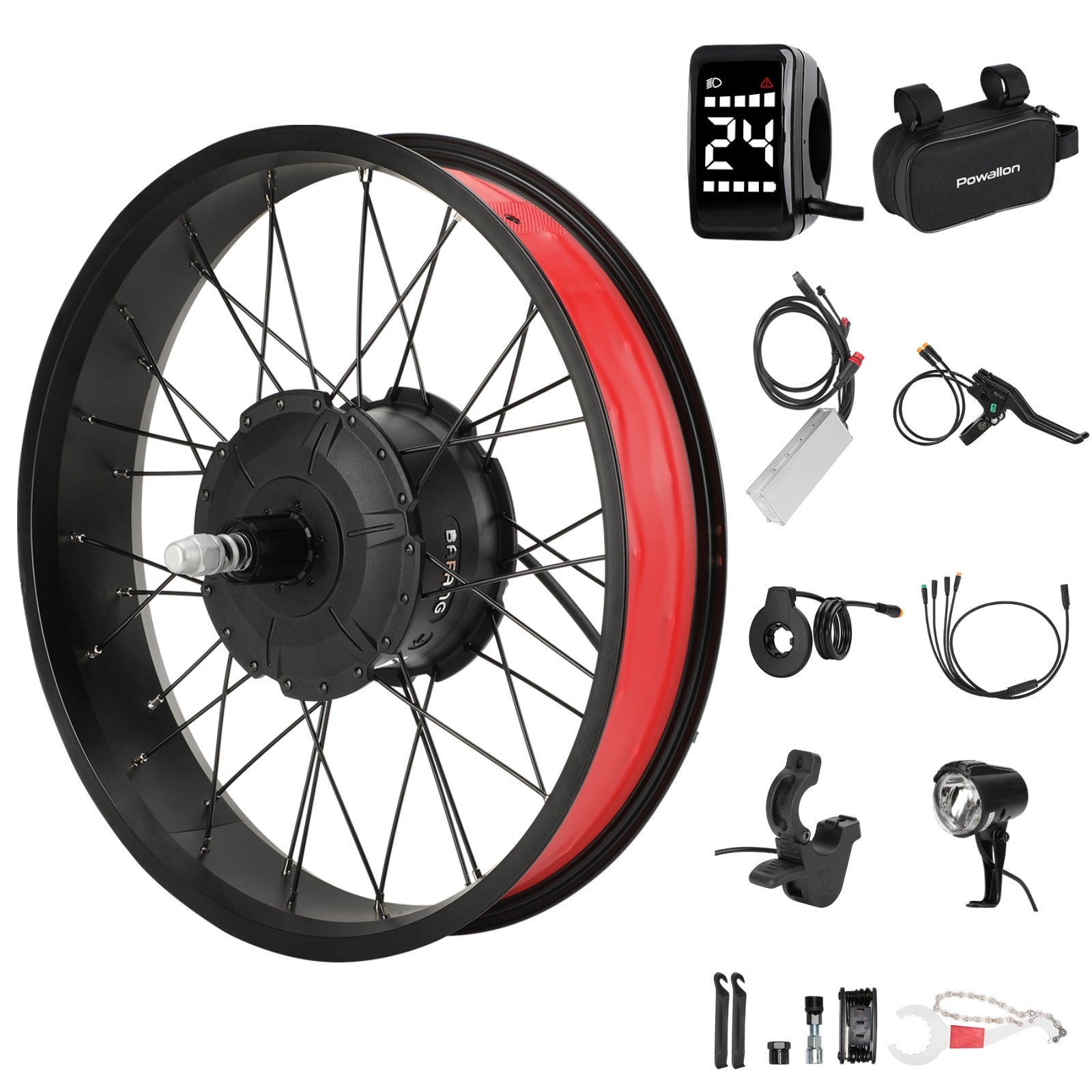 BAFANG G062 750W fat tire electric bike conversion kit with 26 inch rear hub motor wheel, DZ40 display, controller, brake lever, PAS sensor, thumb throttle, headlight and mounting tools