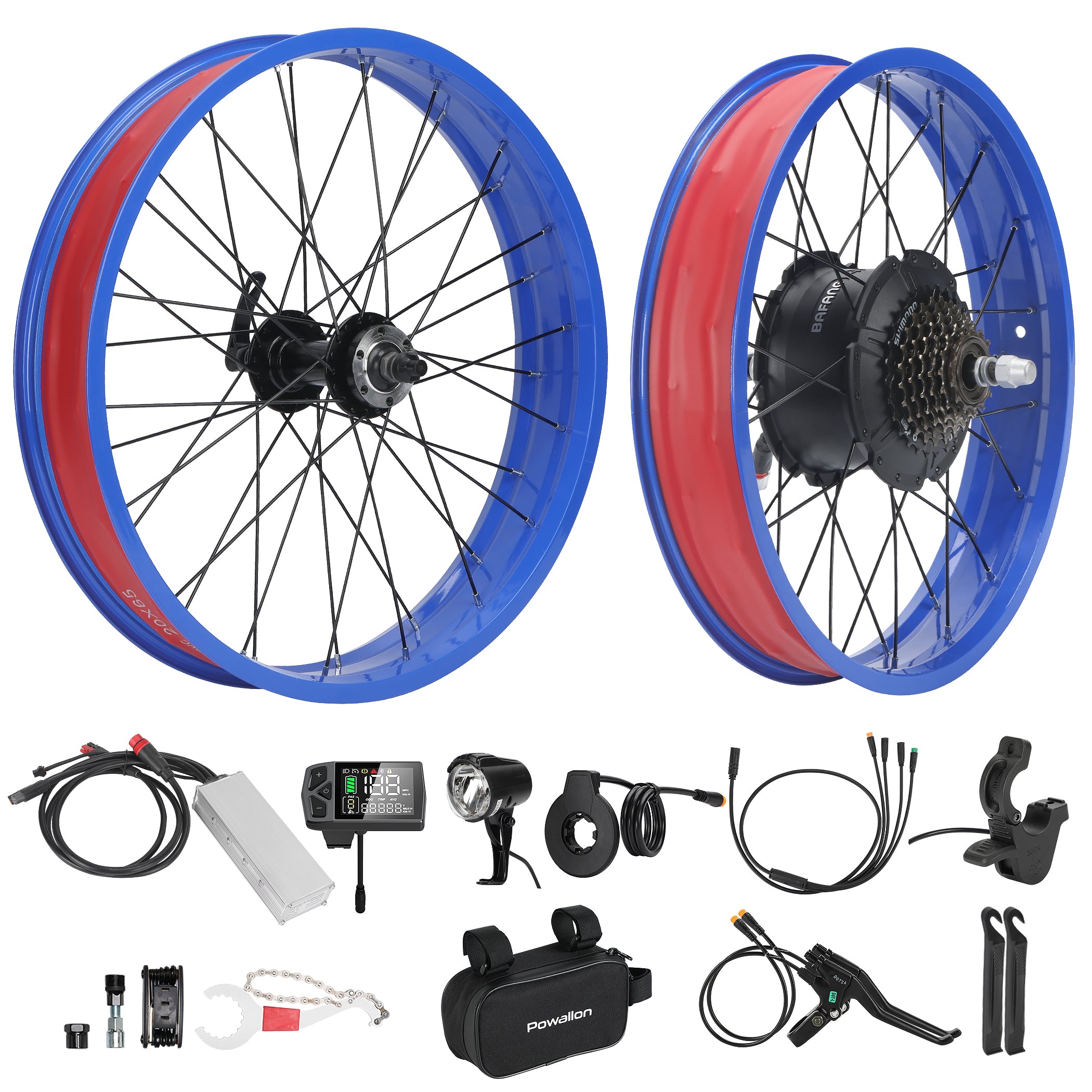 A complete BAFANG G062 750W fat tire ebike conversion kit, featuring both the front and rear wheels with a blue rim, along with the full set of components.