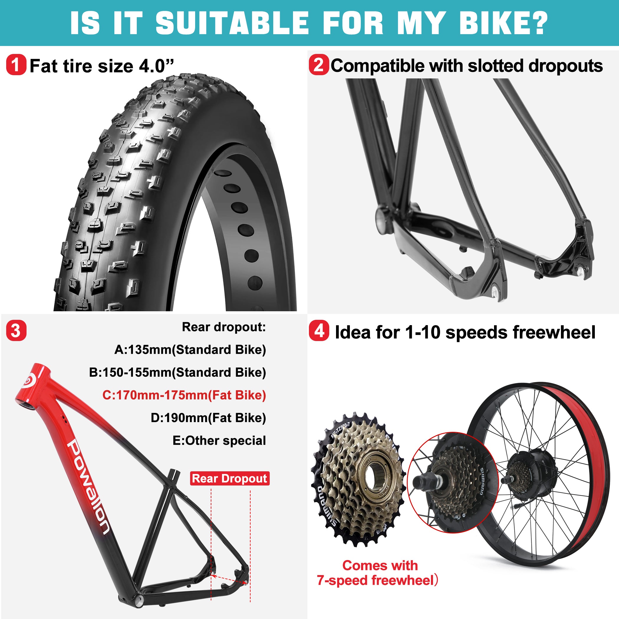 BAFANG G062 750W fat tire ebike kit compatibility with 20/26 inch wheels, 175mm dropout, 4.0-inch fat tires, disc brakes, and slotted dropouts.