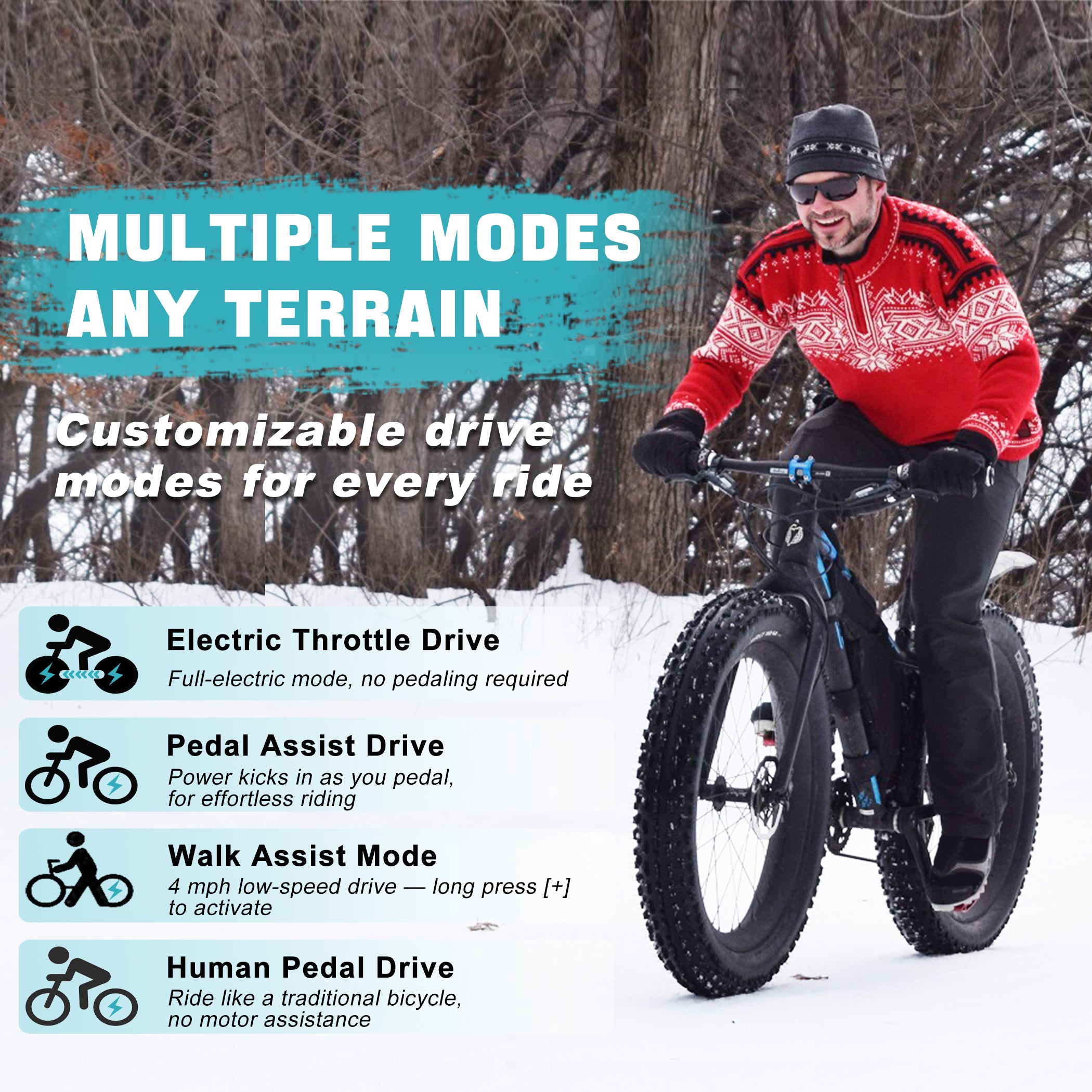Multiple drive modes for BAFANG G062 750W fat tire ebike kit including electric throttle, pedal assist, walk assist, and manual pedal.