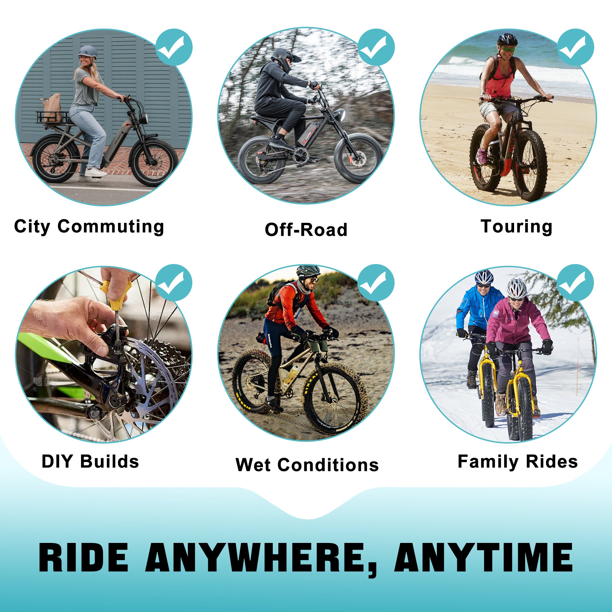 Riders using BAFANG G062 750W fat tire electric bike conversion kit, ideal for city commuting, off-road, snow, sand, hunting, and touring.