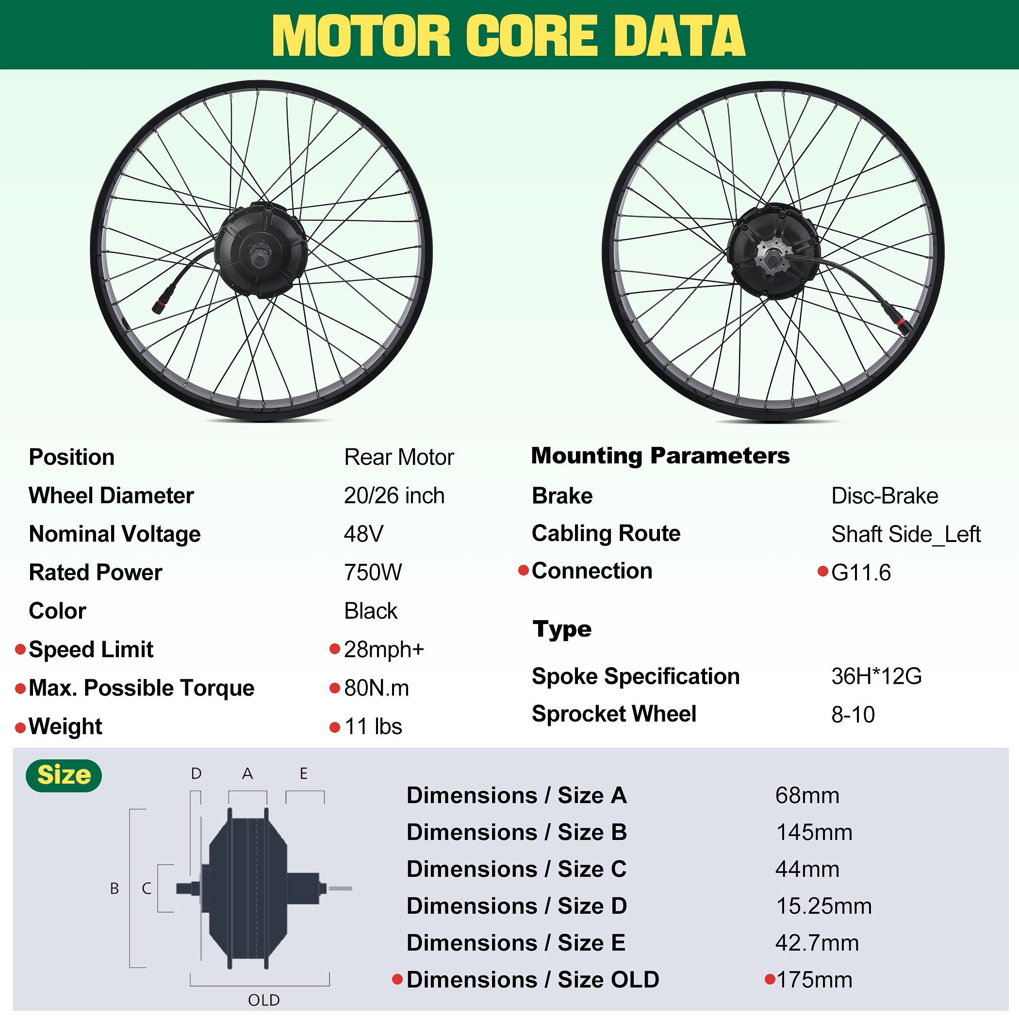 BAFANG G062 750W rear hub motor specifications with 1300W peak power, 80Nm torque, IPX5 waterproof rating, and fat tire bike compatibility.