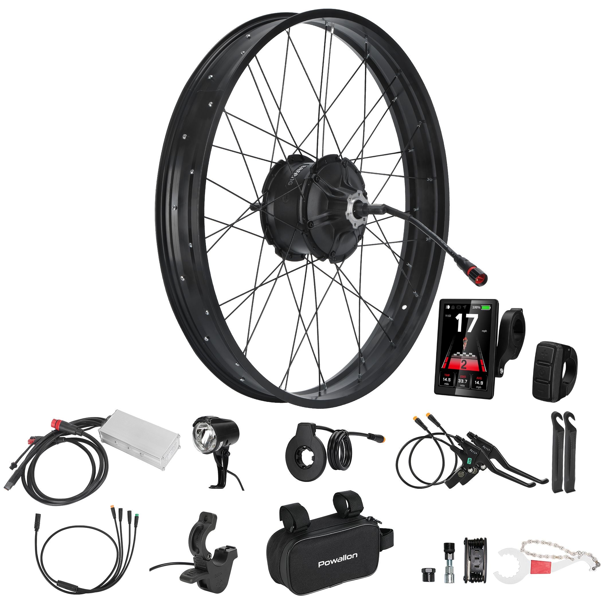 The complete g063 1000W rear ebike kit laid out and showing the rear hub motor with b04 display, thumb throttle, brake lever, 1t4 wiring harness, 48V 30a controller, headlight, left pas sensor, controller bag and tool kit.