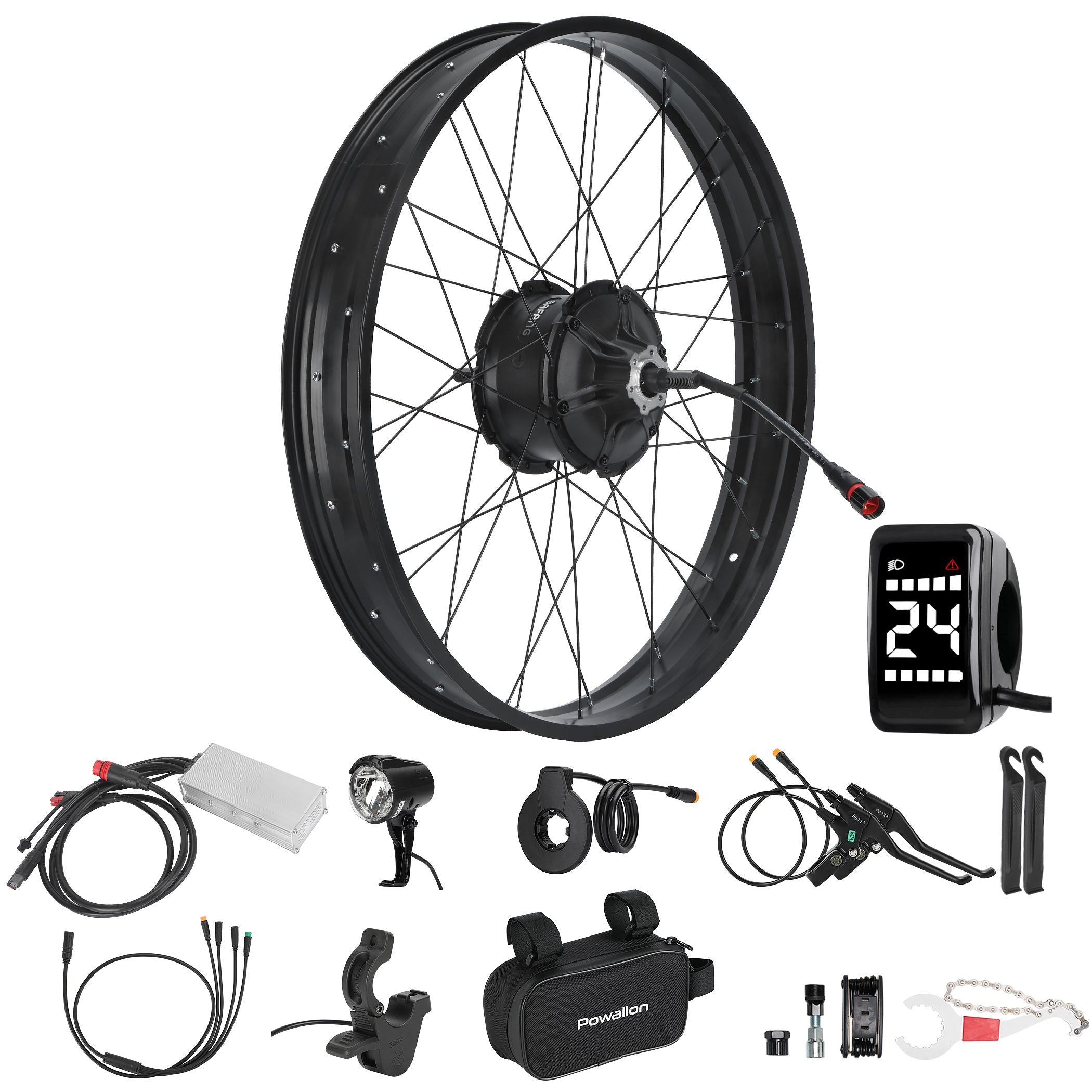 The complete g063 1000W rear ebike kit laid out and showing the rear hub motor with DZ40 display, thumb throttle, brake lever, 1t4 wiring harness, 48V 30a controller, headlight, left pas sensor, controller bag and tool kit.