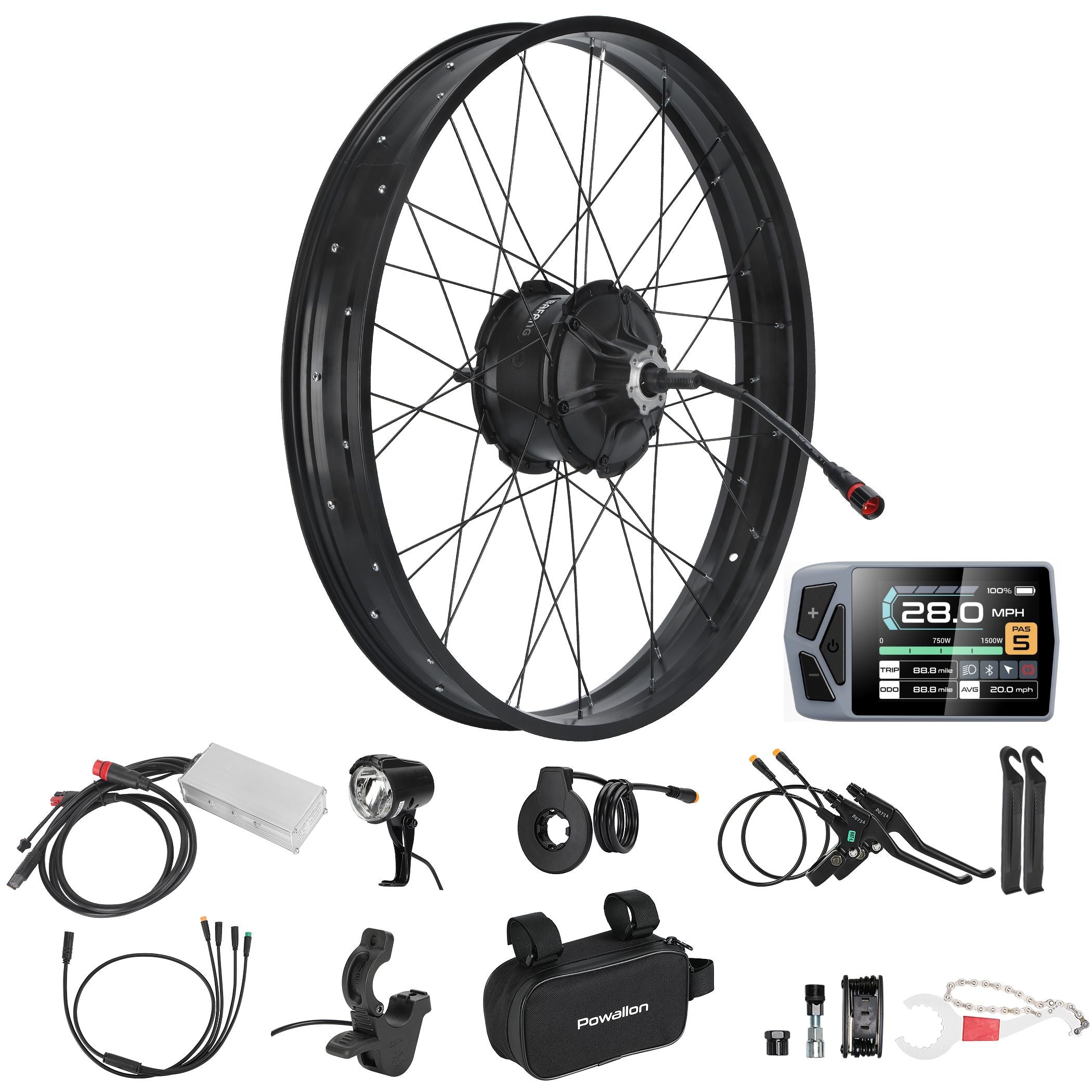 The complete g063 1000W rear ebike kit laid out and showing the rear hub motor with ekd display, thumb throttle, brake lever, 1t4 wiring harness, 48V 30a controller, headlight, left pas sensor, controller bag and tool kit.