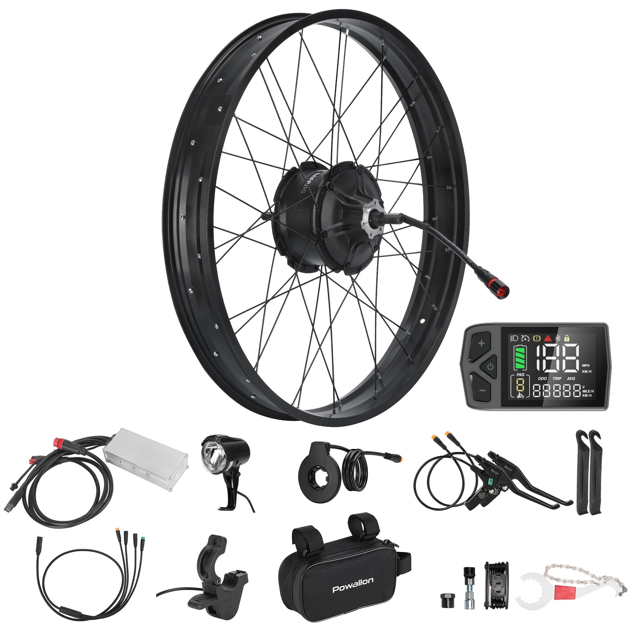 The complete g063 1000W rear ebike kit laid out and showing the rear hub motor with l02 display, thumb throttle, brake lever, 1t4 wiring harness, 48V 30a controller, headlight, left pas sensor, controller bag and tool kit.